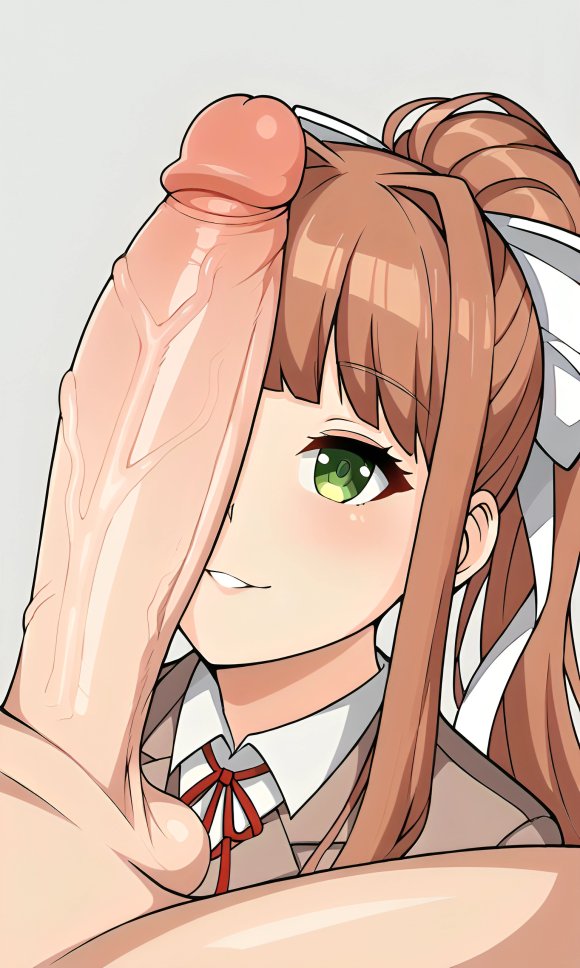 ai_generated big_penis blush bow bow_in_hair cock cock_on_face coral_brown_hair doki_doki_literature_club fully_clothed green_eyes long_penis monika_(doki_doki_literature_club) penis penis_on_face pixai ponytail pov sidelocks smile smiling upper_body white_bow