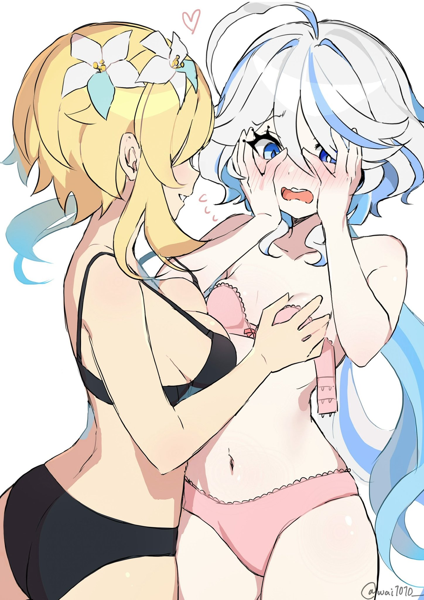 2girls, adorable, blonde hair, blue eyes, blue hair, blush, bra, breast grab, breasts, cute, cute expression, embarrassed, female, female only, furina (genshin impact), genshin impact, grabbing breasts, groping, groping breasts, heart, lumine (genshin impact), medium breasts, panties, petite, shy, small breasts, smile, underwear, wai1010, wavy mouth, yuri