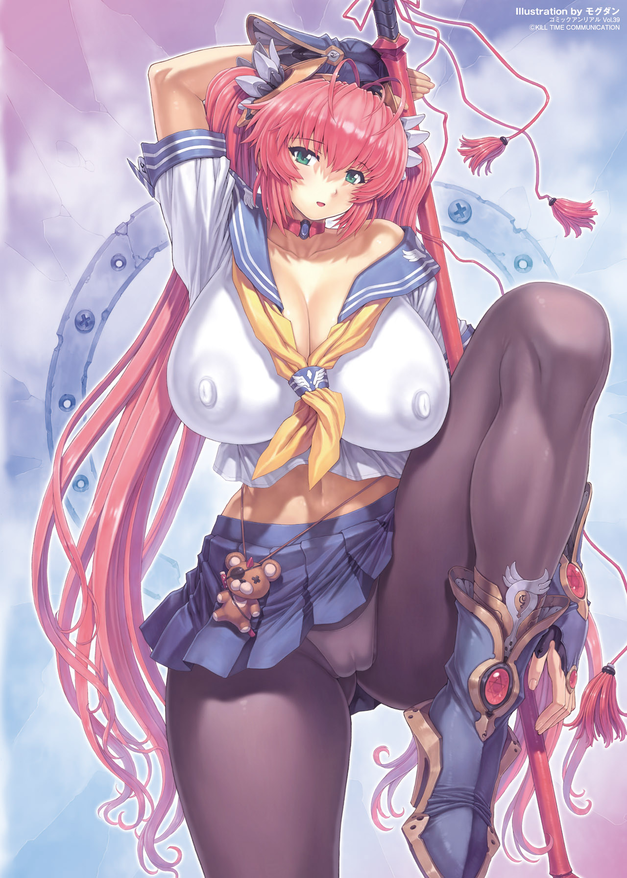 1girls, bangs, breasts, cameltoe, choker, cleavage, curvy, erect nipples, female, female only, gloves, green eyes, heels, huge breasts, jpeg artifacts, leg raise, mogudan, nipples, open mouth, panties, pantyhose, puffy nipples, pussy, sailor uniform, seifuku, skirt, solo, thick thighs, tied hair, twintails, very long hair, weapon