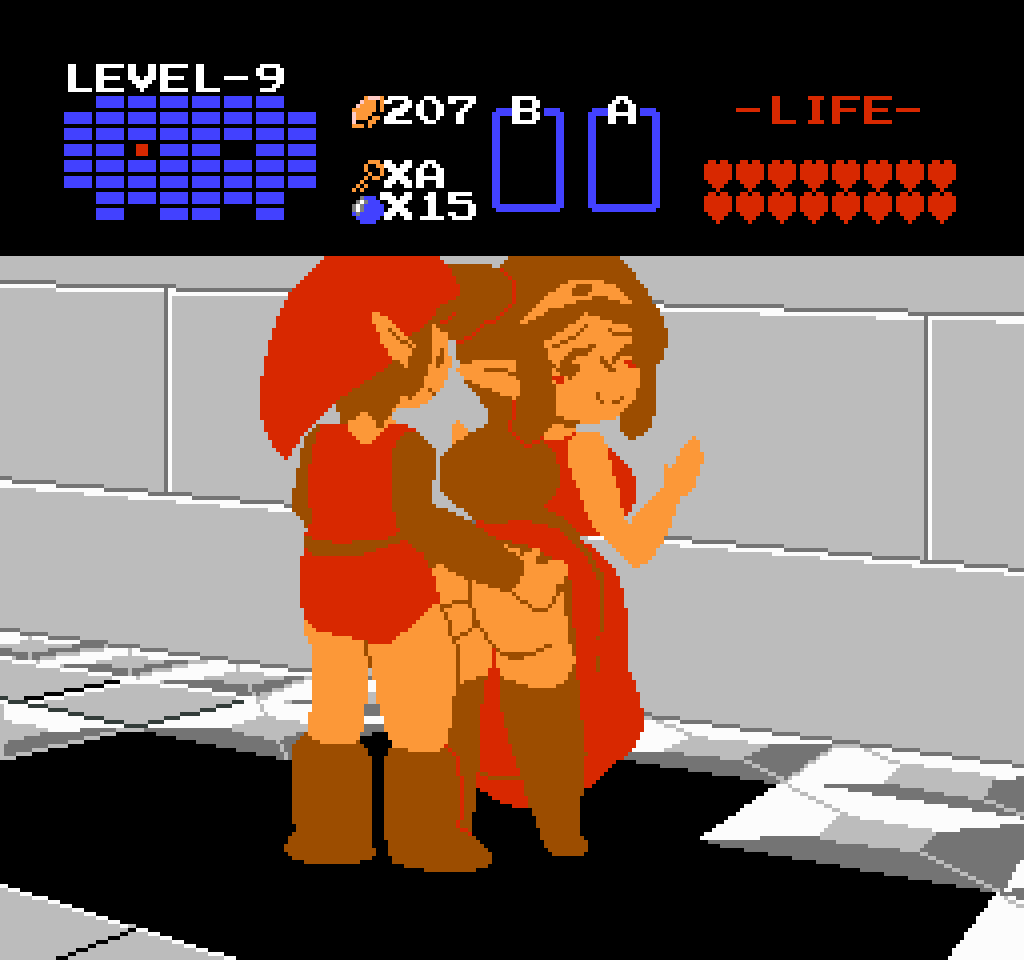 against_wall dress_lift happy_sex huge_ass link looking_at_partner partially_clothed pixel_art princess_zelda self_upload the_legend_of_zelda_(nes) vaginal_penetration zelda_(nes)