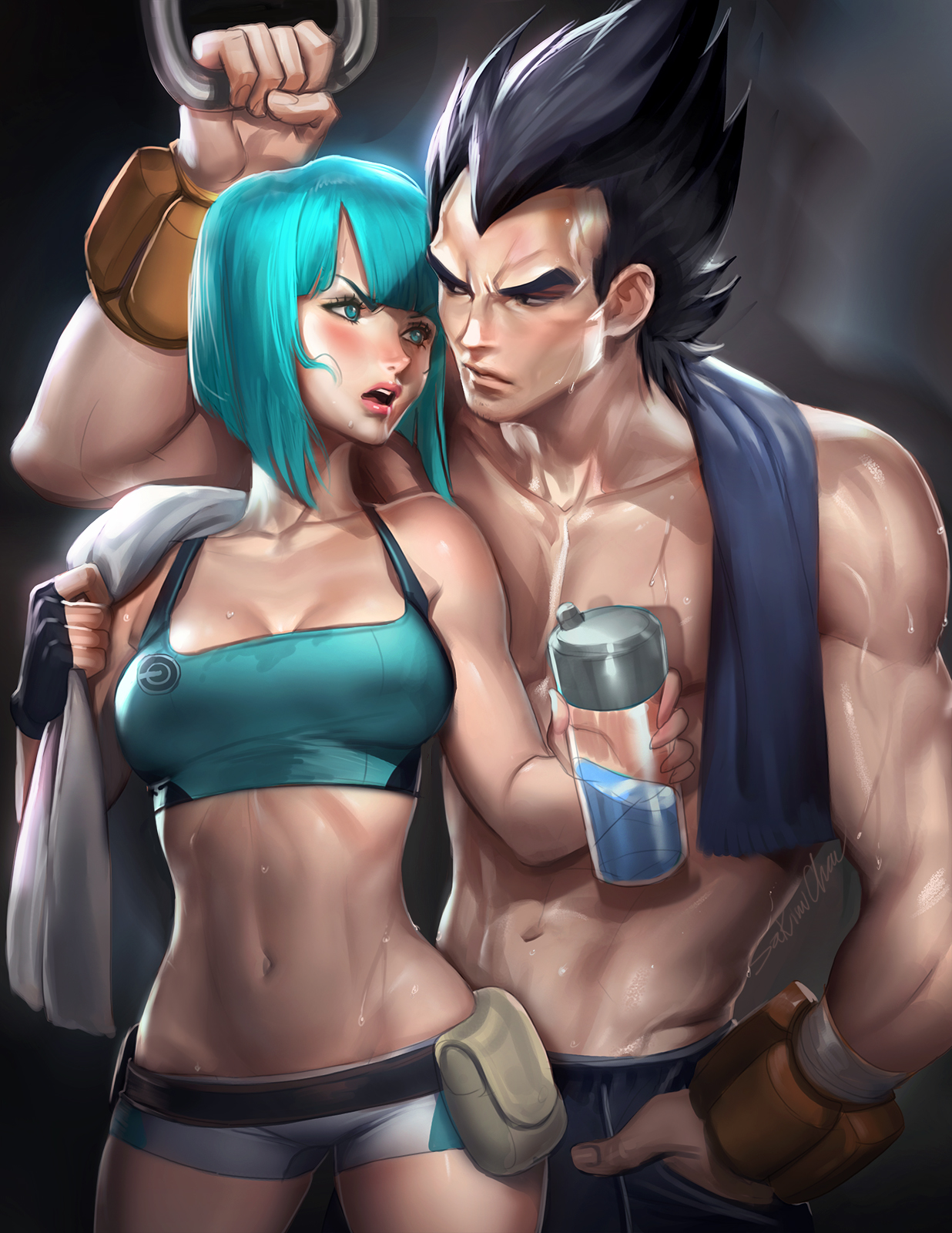aqua hair, blue eyes, bulma briefs, cleavage, dragon ball, dragon ball z, female, fingerless gloves, gloves, male, navel, sakimichan, short hair, shorts, sweat, tank top, towel, vegeta, wet