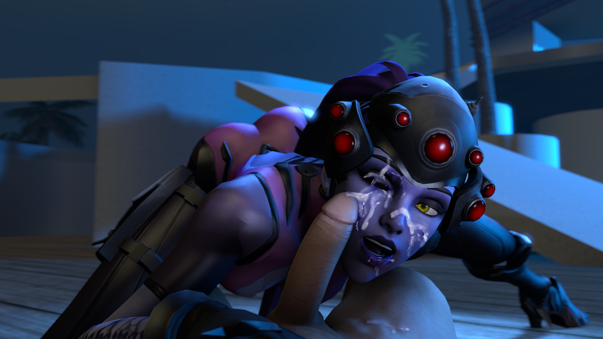 3d, ass, bent over, blizzard entertainment, blue hair, blue skin, bodysuit, boots, cleavage, cum, cum on face, facial, female, gloves, headgear, human, human male, light skin, light-skinned male, looking at viewer, male, noname55, overwatch, penis, ponytail, pov, sex, source filmmaker, tied hair, tight clothes, widowmaker, wink, yellow eyes