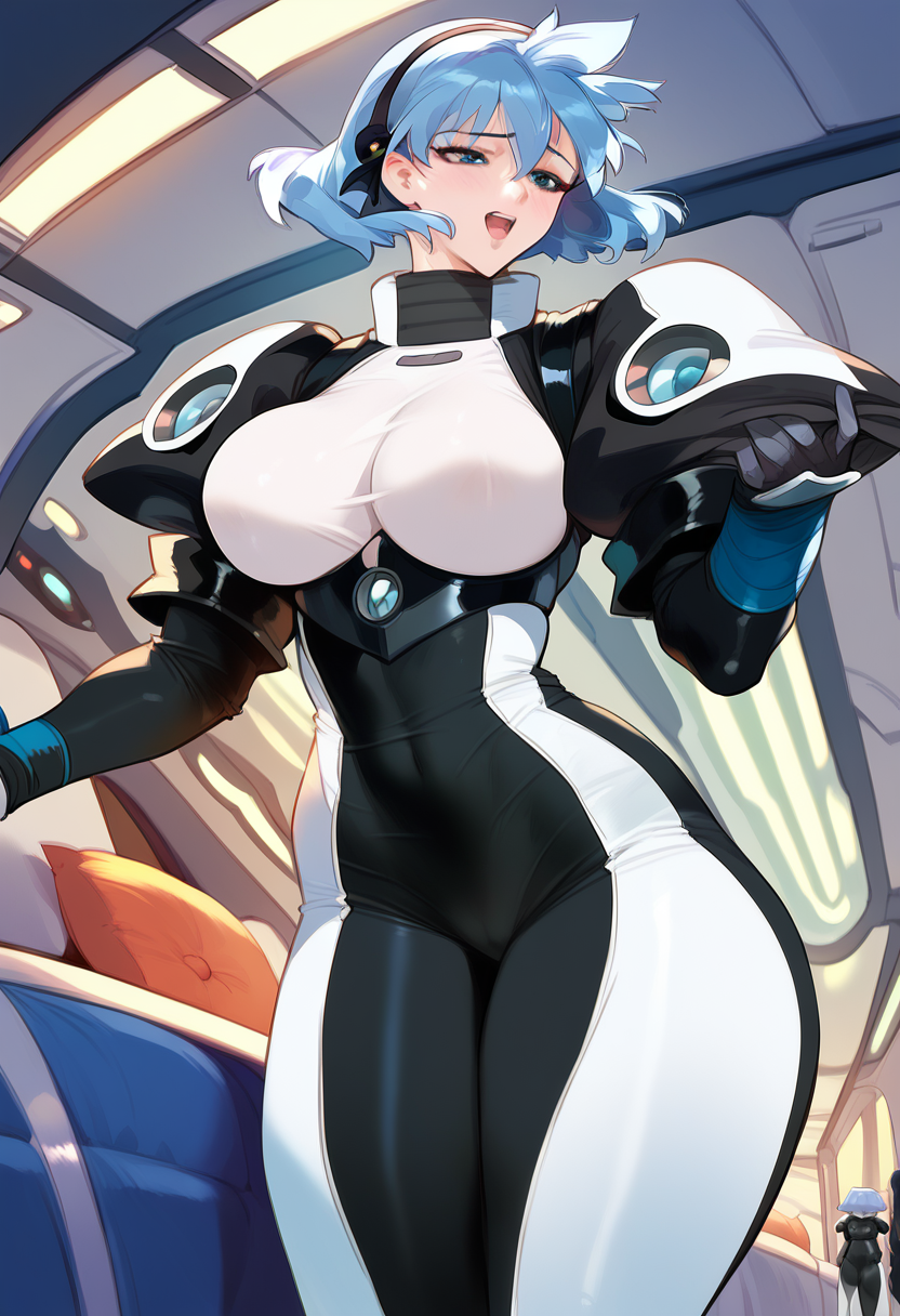 2d ai_generated big_breasts blue_hair bodysuit female female_focus female_only indoors meia_gisborn short_hair solo solo_female solo_focus tagme vandread