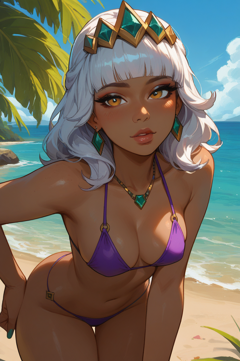 1girls ai_generated beach bending_forward bending_over bikini bikini_bottom bikini_top breasts clouds dark-skinned_female dark_skin day daytime earrings eyes female female female_focus female_only league_of_legends league_of_legends:_wild_rift long_hair looking_at_viewer medium_breasts navel necklace ocean ocean_background outdoors outside palm_tree purple_bikini purple_swimsuit qiyana_yunalai riot_games shomiai sky solo solo_female solo_focus swimsuit thick_thighs tiara white_hair yellow_eyes