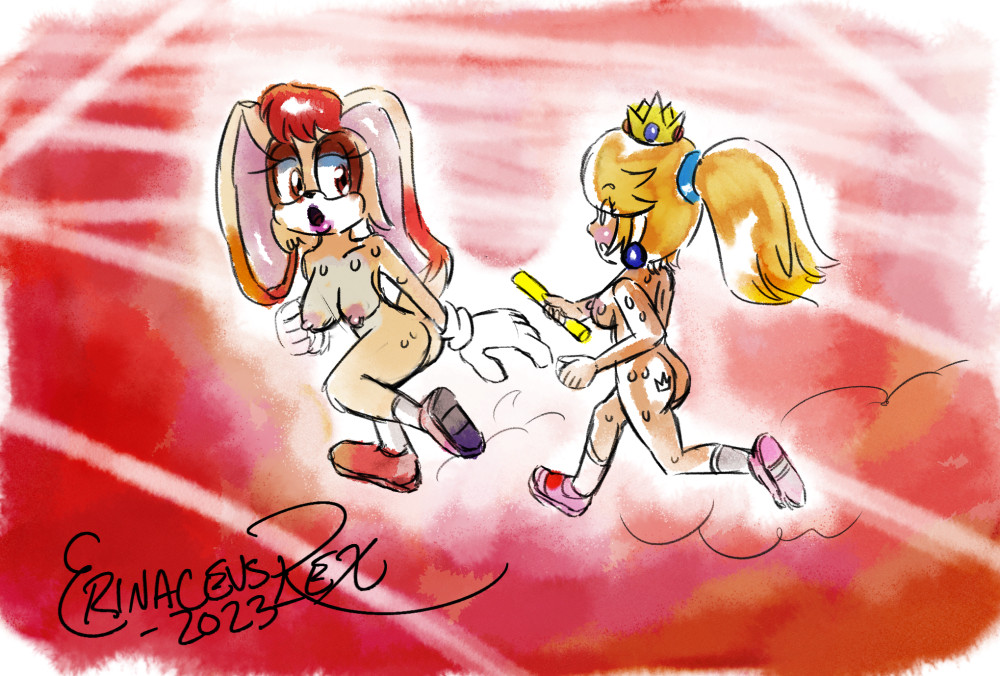 2girls ass blonde blonde_female blonde_hair blonde_hair_female breasts erinaceus_rex_moulton female mario_(series) nude princess_peach sneakers sonic_(series) tagme vanilla_the_rabbit