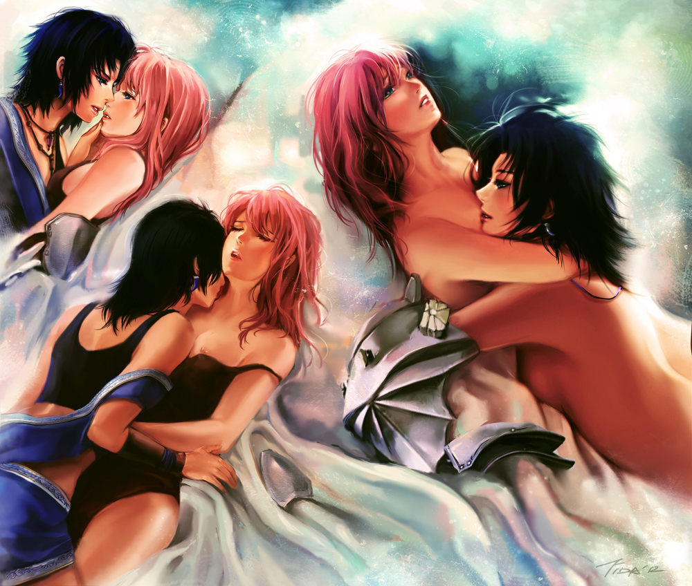 2girls, artist request, bare shoulders, black hair, breasts, bunny shake, closed eyes, collage, couple, earrings, eclair farron, face, female, final fantasy, final fantasy xiii, hug, imminent kiss, jewelry, kissing, multiple females, multiple girls, neck kiss, nipple slip, nipples, nude, oerba yun fang (ff xiii), pink hair, signature, strap slip, yuri
