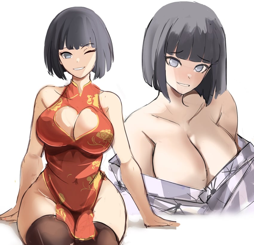 1girls bob_cut chinese_dress cleavage cute hyuuga_hinata large_breasts naruto naruto_shippuden rakeemspoon solo solo_focus tomboy tomboy_milf wholesome wink