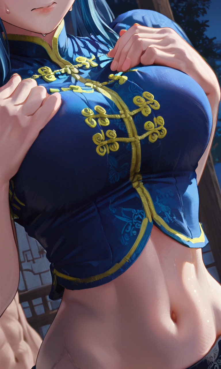1girls abs ai_generated blue_hair breasts chinese_clothes fatal_fury fatal_fury:_city_of_the_wolves hands_on_own_chest hotaru_futaba lips midriff navel snk sweat vest
