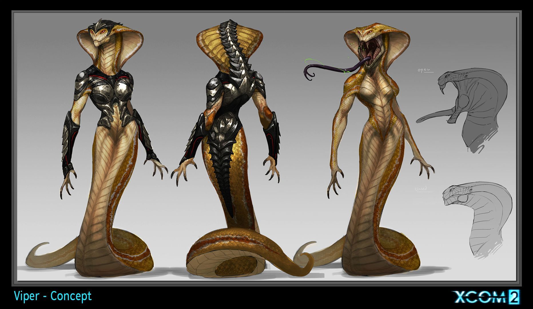 1girls, armor, breasts, concept art, english text, featureless breasts, female, female only, official art, snake, solo, solo female, text, viper (x-com), x-com, xcom 2