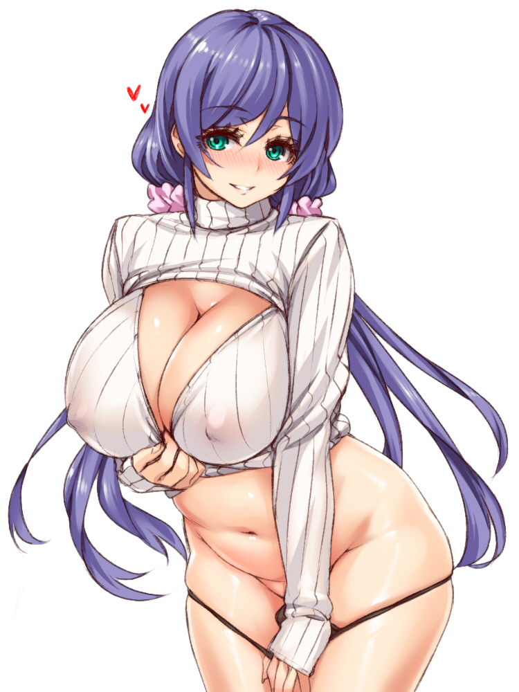 aqua_eyes belly blush breasts cleavage cleavage_cutout cowboy_shot curvy erect_nipples female green_eyes hayama_kazusa heart huge_breasts leaning_forward long_hair long_sleeves looking_at_viewer love_live! love_live!_school_idol_project navel no_pants nose_blush open-chest_sweater panties panty_pull parted_lips plump purple_hair ribbed_sweater shiny shiny_skin simple_background sleeves_past_wrists smile solo standing sweater thighs tied_hair toujou_nozomi turtleneck twintails underwear very_long_hair white_background wide_hips