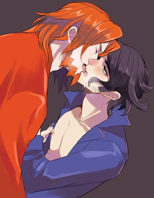 2boys bara blue_hair blush dr._platane facial_hair fuladari_(pokemon) kissing lysandre_(pokemon) male_only multiple_boys nipples platane_(pokemon) pokemon pokemon_xy professor_sycamore red_hair size_difference source_request steam sweat tagme undressing yaoi