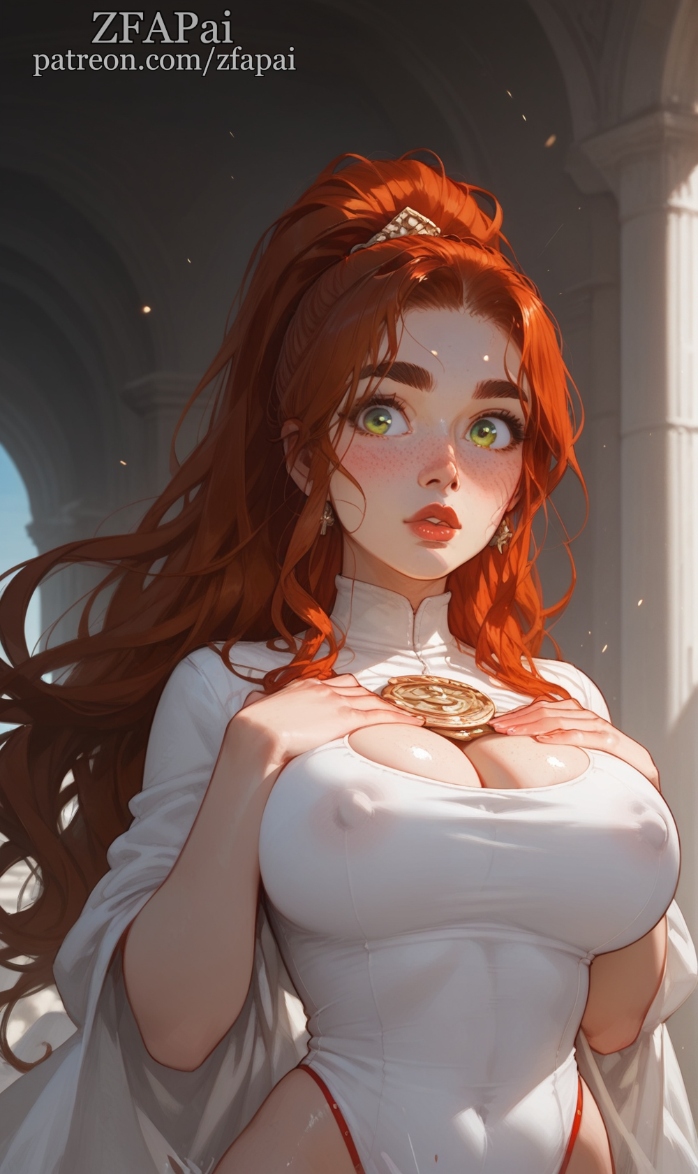 ai_generated big_ass clara_redwood cleavage forest green_eyes large_breasts magic magical_girl oc oc_character portrait red_hair slim_waist tight_clothes wide_hips zfapai