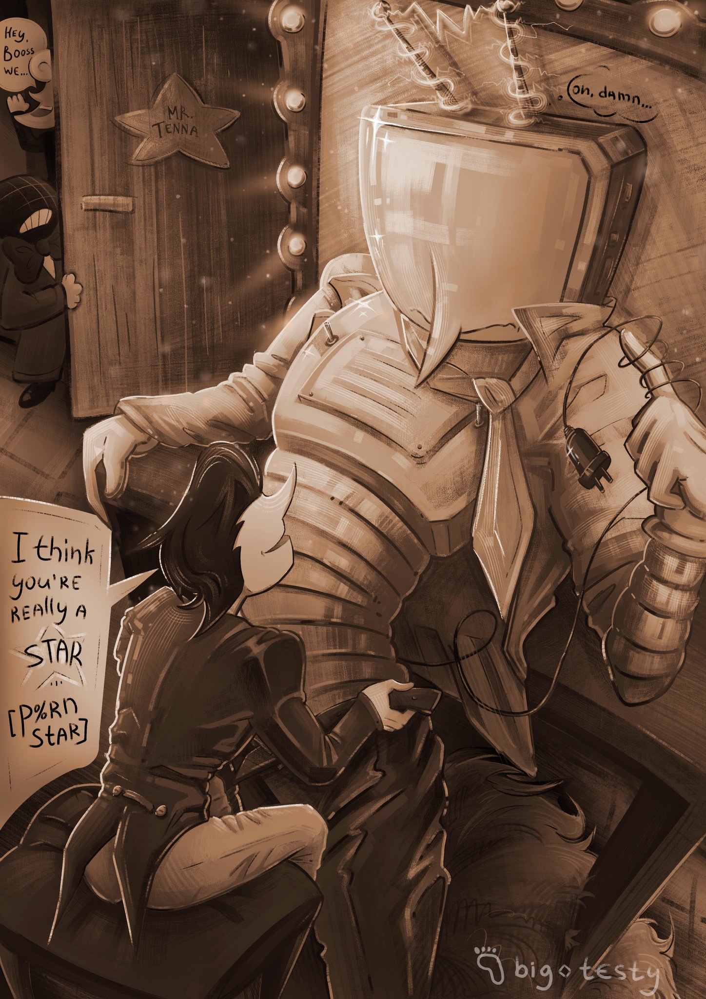 2025, 2boys, alternate version available, antennae, background, before sex, bigger male, black hair, caught, caught in the act, changing room, clothed, clothed male, clothes, clothing, deltarune, deltarune chapter 2, deltarune chapter 3, detailed background, dialogue, digital drawing (artwork), digital media (artwork), duo, duo focus, electric plug, english dialogue, english text, gay, gay male, gloves, half naked, half-dressed, half-erect, hi res, high resolution, highres, male, male only, male/male, metallic body, monochrome, open clothes, open shirt, pointy nose, removing clothing, robot, robot humanoid, robot joints, short hair, signature, size difference, smaller male, spamton g spamton, speech bubble, tail, tenna (deltarune), text, text bubble, tie, tv, tv head, white body, yaoi, zomtaki