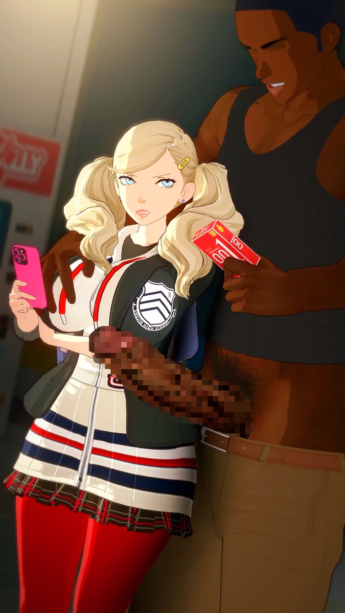 3d 3d_(artwork) 3d_model ann_takamaki atlus blonde_hair bubble_butt comic condoms dark-skinned_male dark_skin fondling_breast half_japanese heart_symbol huge_breasts huge_cock imminent_sex japanese light-skinned_female light_skin persona persona_5 sex sex_toy tachumi taller_male twintails vaginal_penetration