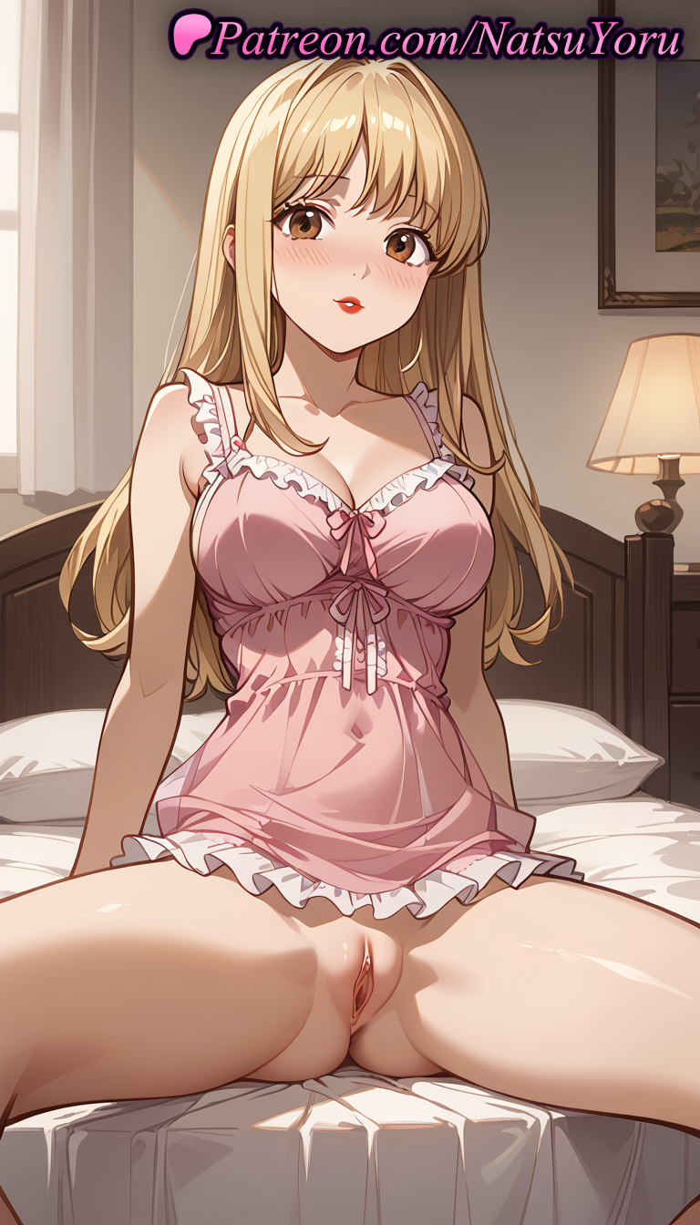 1girls ai_generated anime anime_style ass_visible_through_thighs babydoll bangs bare_arms bare_shoulders bed bedroom blonde_hair blush bottomless breasts brown_eyes bust busty cleavage clitoris collarbone covered_navel curtains death_note female female_focus female_only frills hentai indoors lamp large_breasts lingerie lipstick long_hair looking_at_viewer makeup medium_breasts misa_amane natsuyoru nightgown no_panties on_bed open_mouth parted_lips pillow pussy red_lips sitting smile solo solo_female spread_legs teeth thighs uncensored underwear upper_teeth_only voluptuous voluptuous_female window