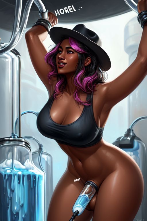 ai_generated black_hair calamity_(fortnite) cowboy_hat cowgirl dark-skinned_female dark-skinned_futanari dark_skin enjoying forced_orgasm fortnite futa_milking futanari milking milking_machine penis_milking penis_milking_machine pink_hair restrained restrained_arms shield_potion slurp_(fortnite) slurp_juice tagme