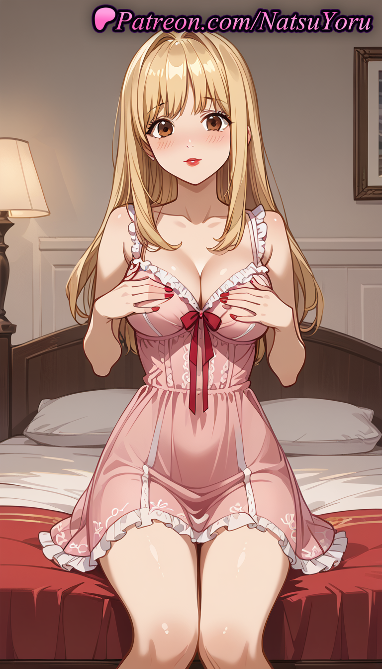 1girls ai_generated anime anime_style bangs bare_arms bare_shoulders bed blonde_hair blush breasts brown_eyes bust busty cleavage collarbone covering_privates death_note dress feet_out_of_frame female female_focus female_only hands_on_own_chest hentai indoors lamp large_breasts lingerie lipstick long_hair looking_at_viewer makeup misa_amane nail_polish natsuyoru nightgown on_bed parted_lips pillow pink_dress red_lips red_nails red_ribbon sitting solo solo_female underwear voluptuous voluptuous_female