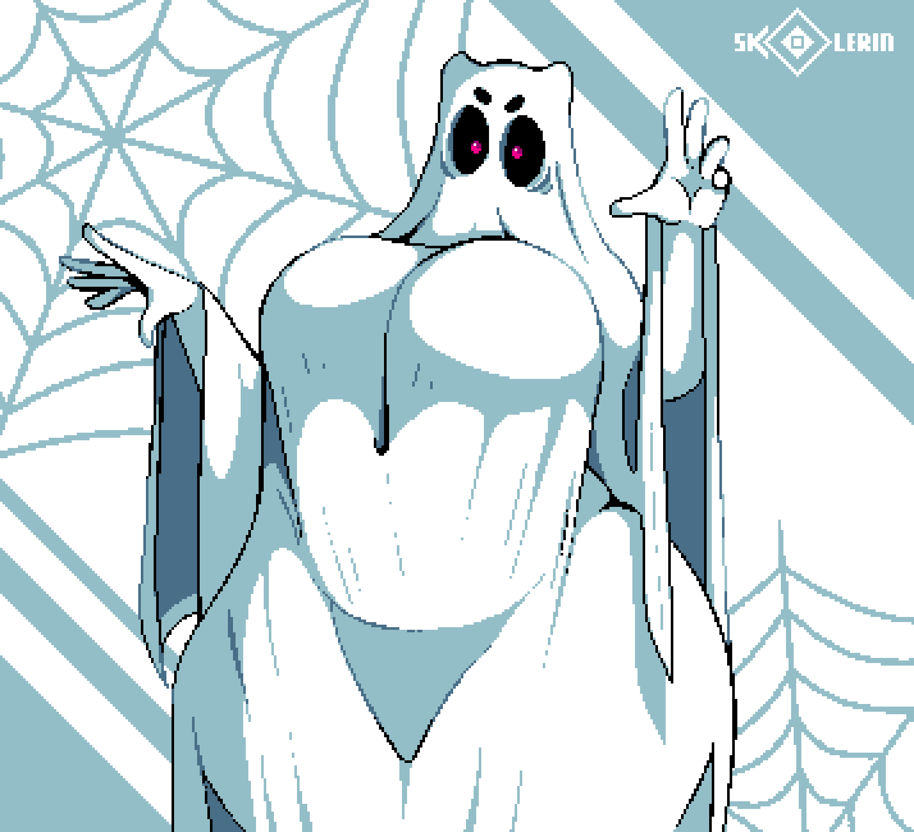 belly daisy_(skollerin) ghost ghost_costume huge_ass huge_breasts huge_thighs hyper_breasts pink_eyes pixel_art skollerin