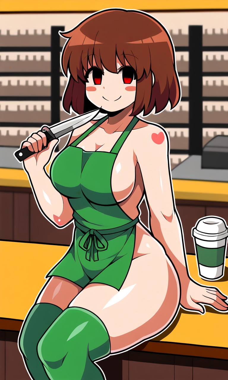 5_fingers ai_generated apron big_breasts blush bob_cut brown_hair chara chara_(undertale) coffee coffee_cup coffee_shop curvy female green_apron green_thighhighs holding_knife holding_object holding_weapon knife looking_at_viewer naked naked_apron nude pale_skin pixai red_eyes sitting sitting_on_chest smile smiling undertale undertale_(series)