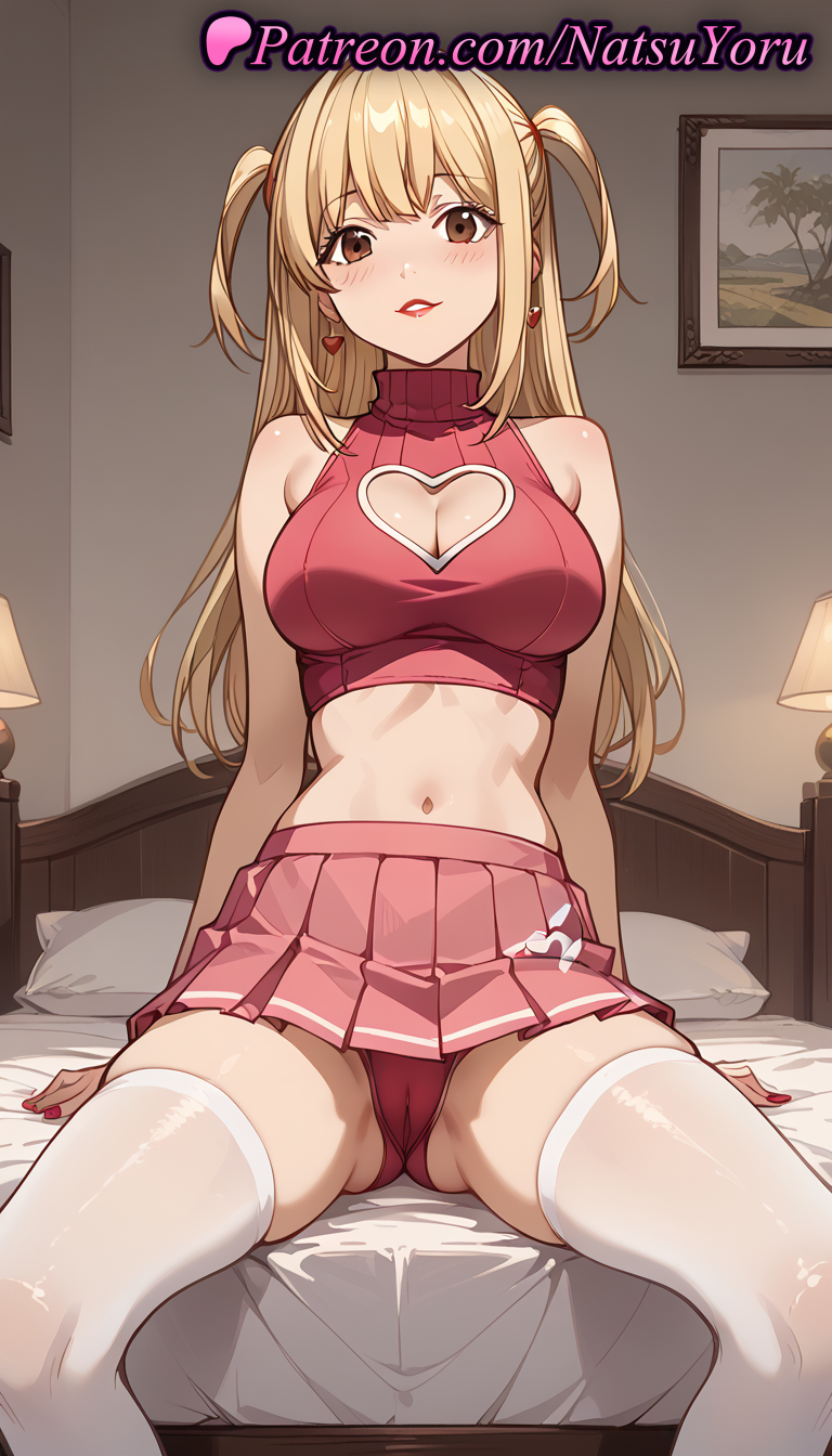 1girls ai_generated anime anime_style ass_visible_through_thighs bangs bare_arms bare_shoulders bed blonde_hair blush breasts brown_eyes bust busty cameltoe cleavage cleavage_cutout clothing_cutout crop_top death_note earrings feet_out_of_frame female female_focus female_only heart heart_cutout heart_earrings hentai indoors jewelry lamp large_breasts lipstick long_hair looking_at_viewer makeup midriff miniskirt misa_amane nail_polish natsuyoru navel on_bed panties pantyshot parted_lips picture_frame pillow pink_panties pink_shirt pink_skirt pleated_skirt red_lips red_nails red_panties red_shirt ribbed_shirt shirt sitting skindentation skirt sleeveless sleeveless_shirt sleeveless_turtleneck smile solo solo_female spread_legs stomach sweater thighhighs thighs turtleneck two_side_up underwear voluptuous voluptuous_female white_thighhighs