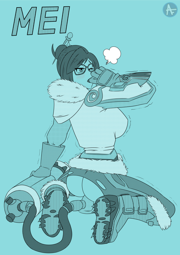 2d ass blush boots breasts fur_boots fur_coat fur_collar fur_trim glasses mei_(overwatch) overwatch sideboob squatting