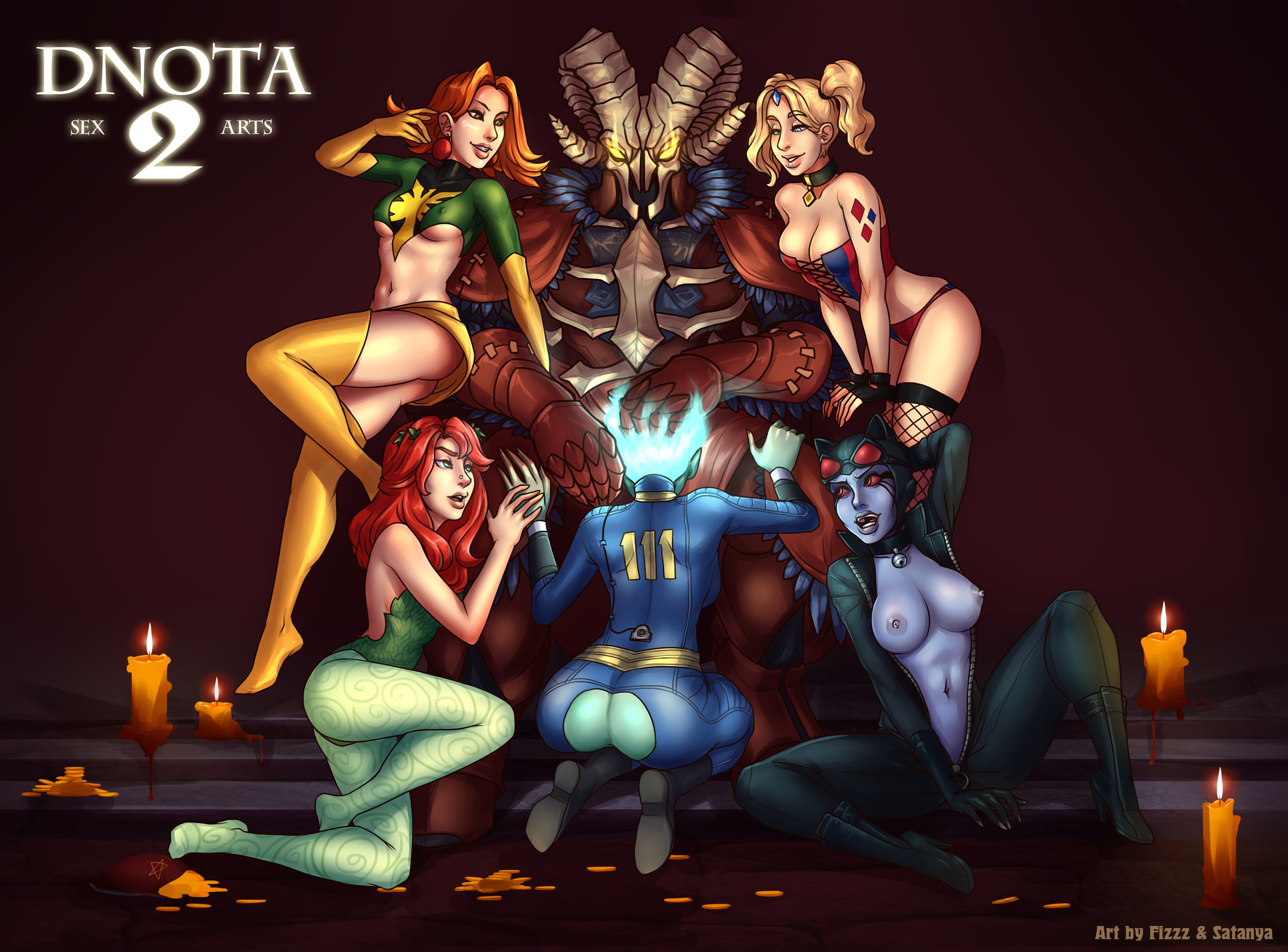 1boy, 5girls, anus, armor, ass, ass view, backboob, big ass, big breasts, black bodysuit, blonde hair, blowjob, blue eyes, bodysuit, breasts, catwoman (cosplay), corset, cosplay, crystal maiden, cyan hair, dc, dc comics, death prophet (krobelus), demon, demon boy, doom (lucifer), dota, dota 2, earrings, fallout, fellatio, female, fizzz, gloves, green eyes, green skin, halloween, hand on hand, hand on head, hand on thigh, harem, harley quinn (cosplay), jean grey (cosplay), leotard, lina, male, marvel, marvel comics, medium breasts, medium hair, microskirt, navel, nipples, nose piercing, open clothes, open mouth, oral, orange eyes, orange hair, panties, pimp, poison ivy (cosplay), purple skin, queen of pain, red eyes, red hair, red skin, sisters, sitting, smile, spread legs, succubus, thighhighs, tights, topless, twintails, underwear, vault suit, windranger, yellow eyes
