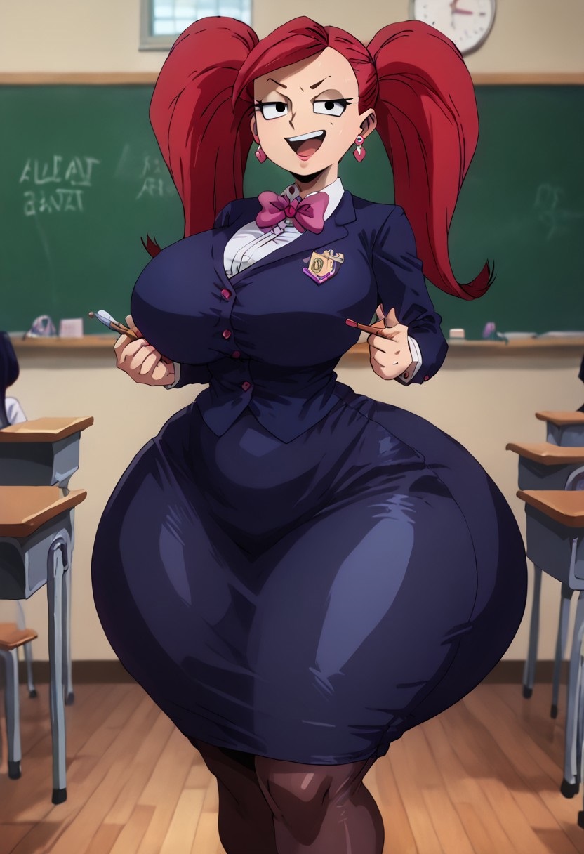 1girls ai_generated aiba_manami alternate_breast_size big_ass big_breasts boku_no_hero_academia bowtie chalkboard chalkboard_writing classroom curvy_female curvy_figure desk earrings ero-sennin female female_focus hourglass_figure huge_ass la_brava_(my_hero_academia) large_breasts light-skinned_female light_skin looking_at_viewer my_hero_academia pencil_skirt standing stockings teacher thick thick_thighs twintails voluptuous voluptuous_female wide_hips