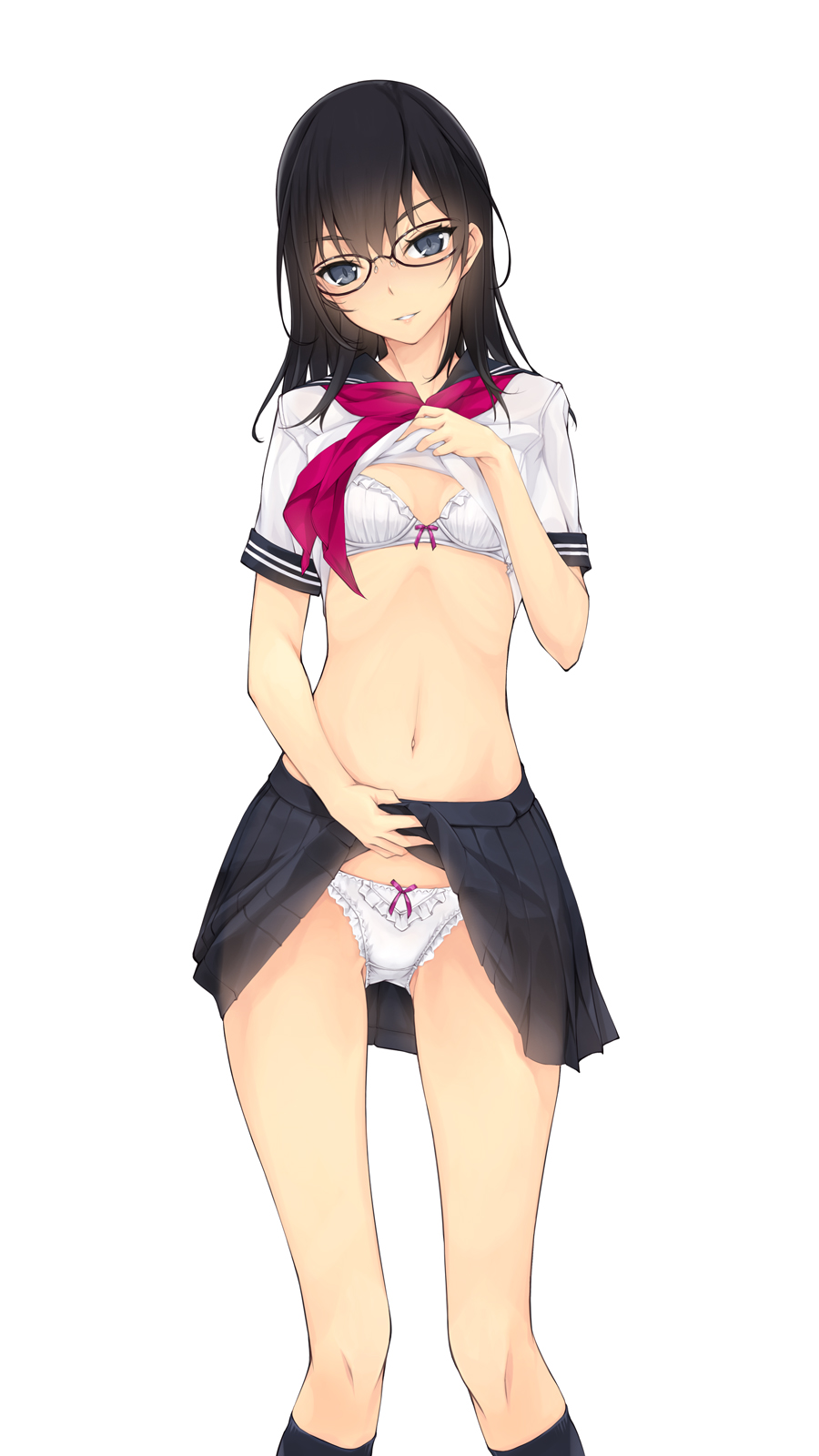 1girls, belly button, black eyes, black hair, blush, bra, breasts, female, glasses, highres, long hair, looking at viewer, megane, murakami suigun, navel, original, panties, pantyshot, parted lips, pleated skirt, school uniform, serafuku, shirt lift, skirt, skirt lift, small breasts, smile, solo, tagme, underwear, white bra, white panties