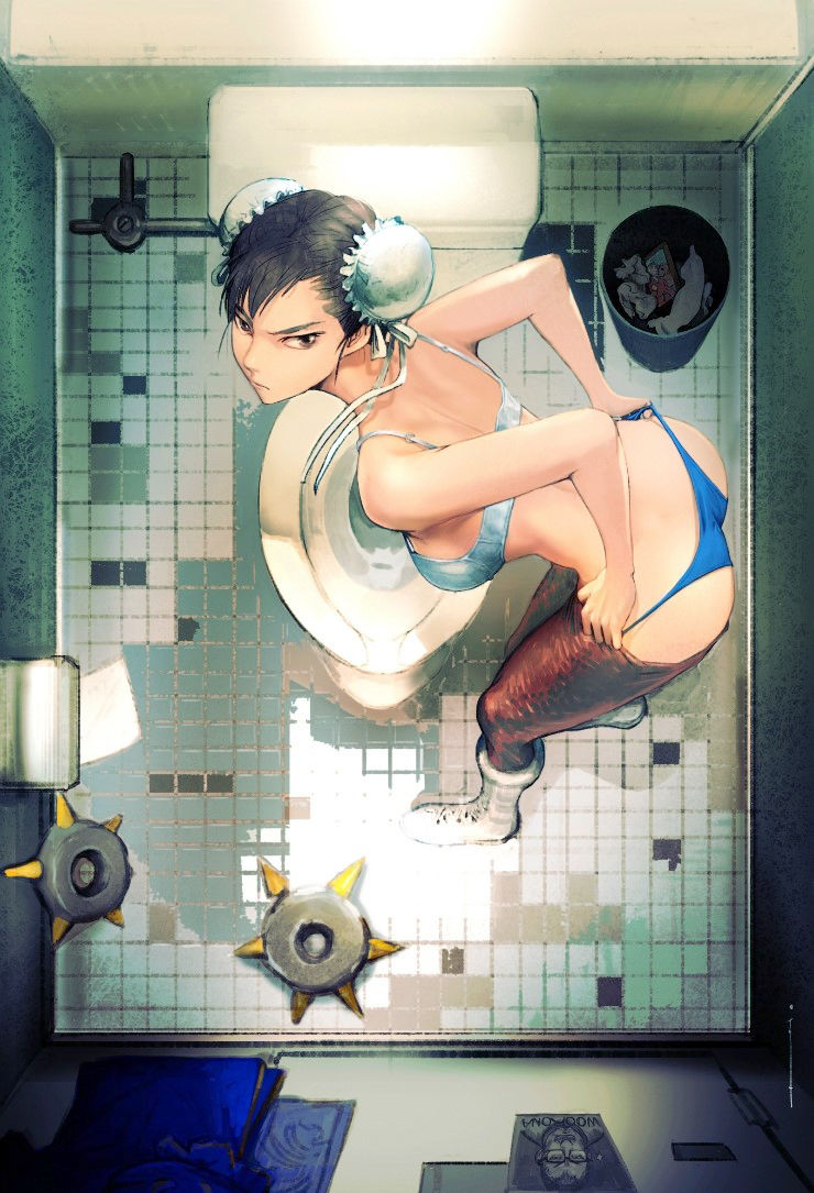 ass, black eyes, black hair, blue panties, bra, bracelet, bun cover, chun-li, condom, double bun, female, female only, from above, human, jewelry, looking at viewer, panties, panty pull, pantyhose, pantyhose pull, photo (object), restroom, solo, spiked bracelet, spikes, street fighter, toilet, trash can, underwear, underwear only, used condom, voyeurism, white bra, woorona
