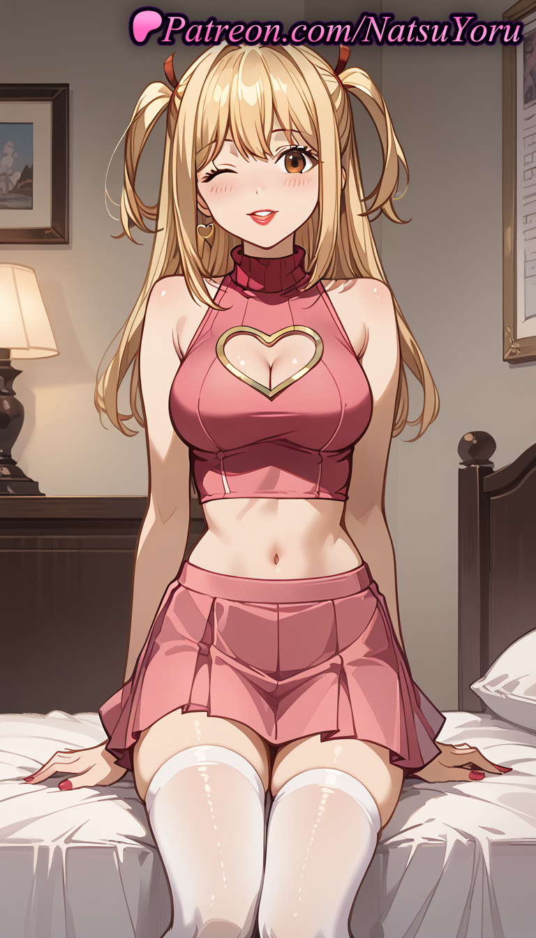 1girls ai_generated anime anime_style bangs bare_arms bare_shoulders bed blonde_hair blush breasts brown_eyes bust busty cleavage cleavage_cutout clothing_cutout crop_top death_note earrings female female_focus female_only hair_ribbon heart heart_cutout hentai indoors jewelry lamp large_breasts lipstick long_hair looking_at_viewer makeup medium_breasts midriff miniskirt misa_amane nail_polish natsuyoru navel on_bed one_eye_closed parted_lips pillow pink_shirt pink_skirt pleated_skirt red_lips red_nails ribbon shirt sitting skirt sleeveless sleeveless_shirt sleeveless_turtleneck smile solo solo_female stomach thighhighs thighs turtleneck two_side_up voluptuous voluptuous_female white_thighhighs zettai_ryouiki