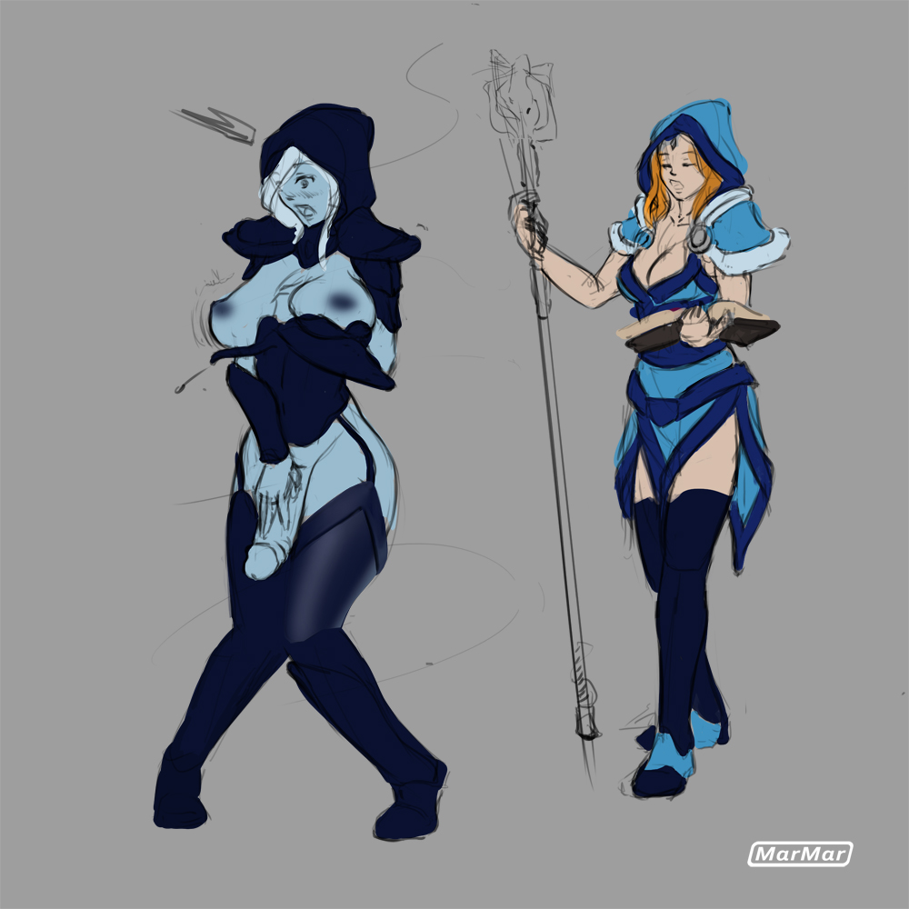 2girls areola blonde_hair blue_skin blush breasts breasts_out cleavage corset crystal_maiden dota_2 drow drow_ranger elf futanari hair hand_on_penis hood huge_breasts huge_cock intersex lowres magic marmar nipples no_nipples open_mouth orange_hair penis perky_breasts sketch surprised thighhighs transformation white_hair