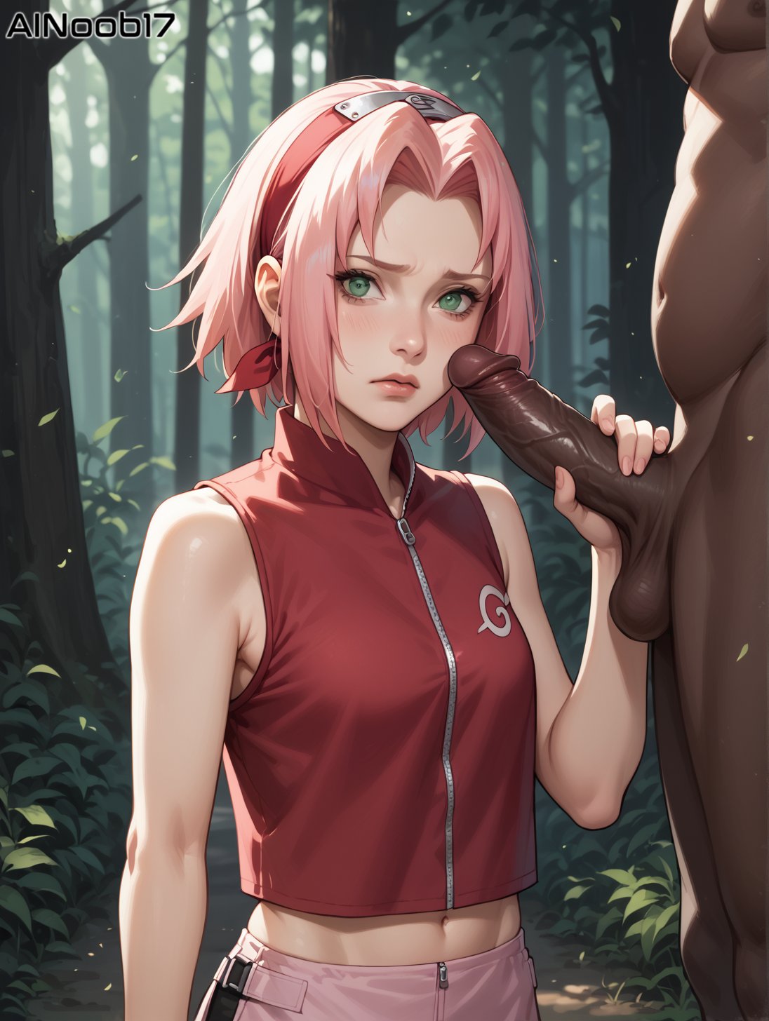 1boy1girl ai_generated ainoob17 dark-skinned_male forced green_eyes handjob interracial naruto naruto_shippuden penis pink_hair sakura_haruno tagme