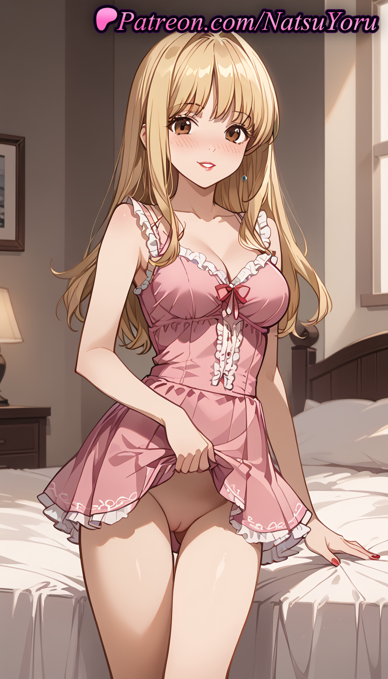 1girls ai_generated anime anime_style ass_visible_through_thighs bangs bare_arms bare_shoulders bed bedroom blonde_hair blush breasts brown_eyes bust busty cleavage cleft_of_venus clothes_lift collarbone cowboy_shot death_note dress dress_lift earrings female female_focus female_only frilled_dress frills hentai indoors jewelry lamp lifted_by_self lipstick long_hair looking_at_viewer makeup medium_breasts misa_amane nail_polish natsuyoru no_panties on_bed parted_lips pillow pink_dress pussy red_lips red_nails sleeveless sleeveless_dress smile solo solo_female standing thigh_gap thighs uncensored voluptuous voluptuous_female