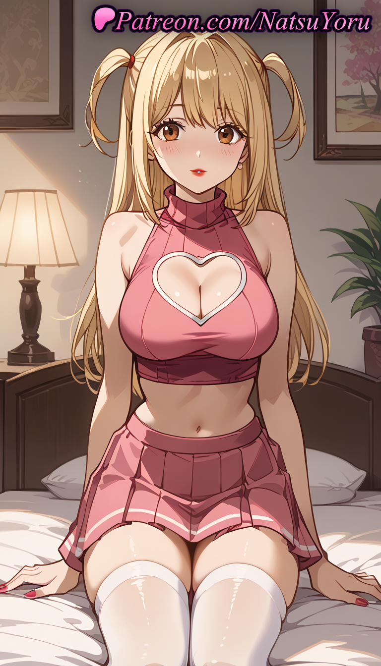 1girls ai_generated anime anime_style bangs bare_arms bare_shoulders bed blonde_hair blush breasts brown_eyes bust busty cleavage cleavage_cutout clothing_cutout crop_top death_note female female_focus female_only heart_cutout hentai indoors lamp large_breasts lipstick long_hair looking_at_viewer makeup midriff miniskirt misa_amane nail_polish natsuyoru navel on_bed parted_lips pillow pink_shirt pink_skirt plant pleated_skirt red_lips red_nails ribbed_shirt shirt sitting skindentation skirt sleeveless sleeveless_shirt sleeveless_turtleneck smile solo solo_female stomach sweater thighhighs thighs turtleneck two_side_up voluptuous voluptuous_female white_thighhighs zettai_ryouiki