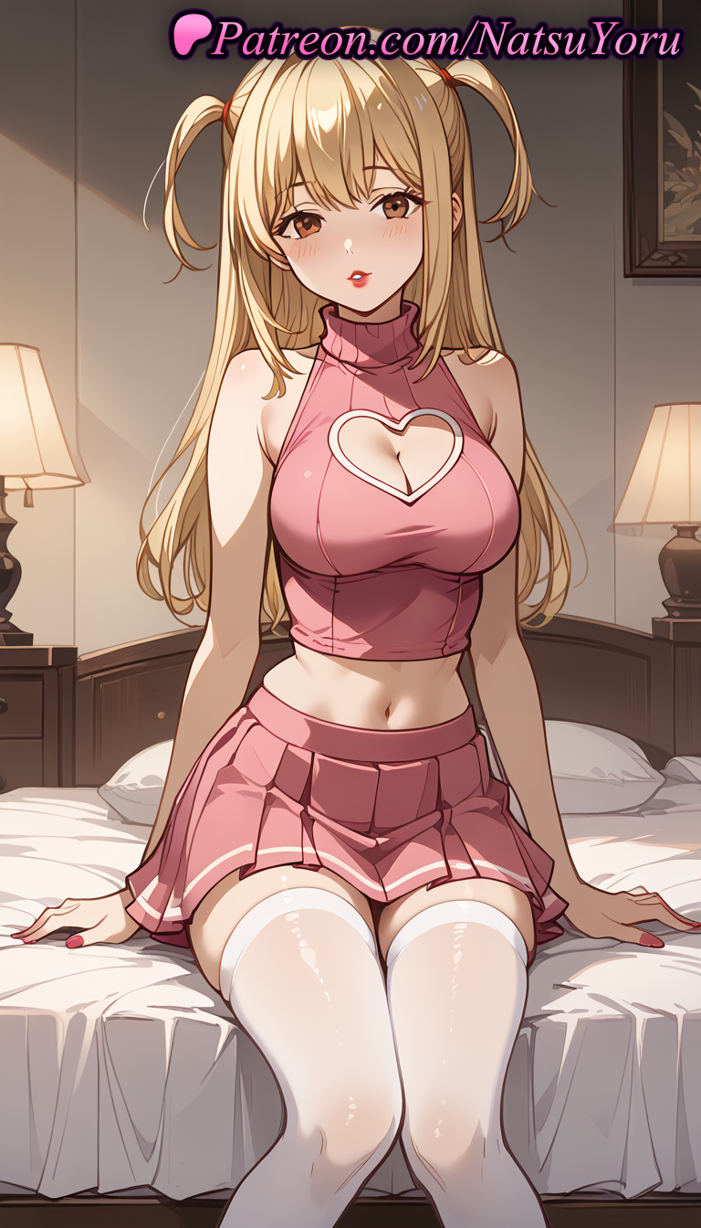 1girls ai_generated anime anime_style bangs bare_arms bare_shoulders bed blonde_hair blush breasts brown_eyes bust busty cleavage cleavage_cutout clothing_cutout crop_top death_note female female_focus female_only heart_cutout hentai indoors lamp large_breasts lipstick long_hair looking_at_viewer makeup midriff miniskirt misa_amane nail_polish natsuyoru navel on_bed parted_lips pillow pink_nails pink_shirt pink_skirt pleated_skirt red_lips red_nails ribbed_shirt shirt sitting skirt sleeveless sleeveless_shirt sleeveless_turtleneck solo solo_female stomach sweater thighhighs thighs turtleneck two_side_up voluptuous voluptuous_female white_thighhighs zettai_ryouiki