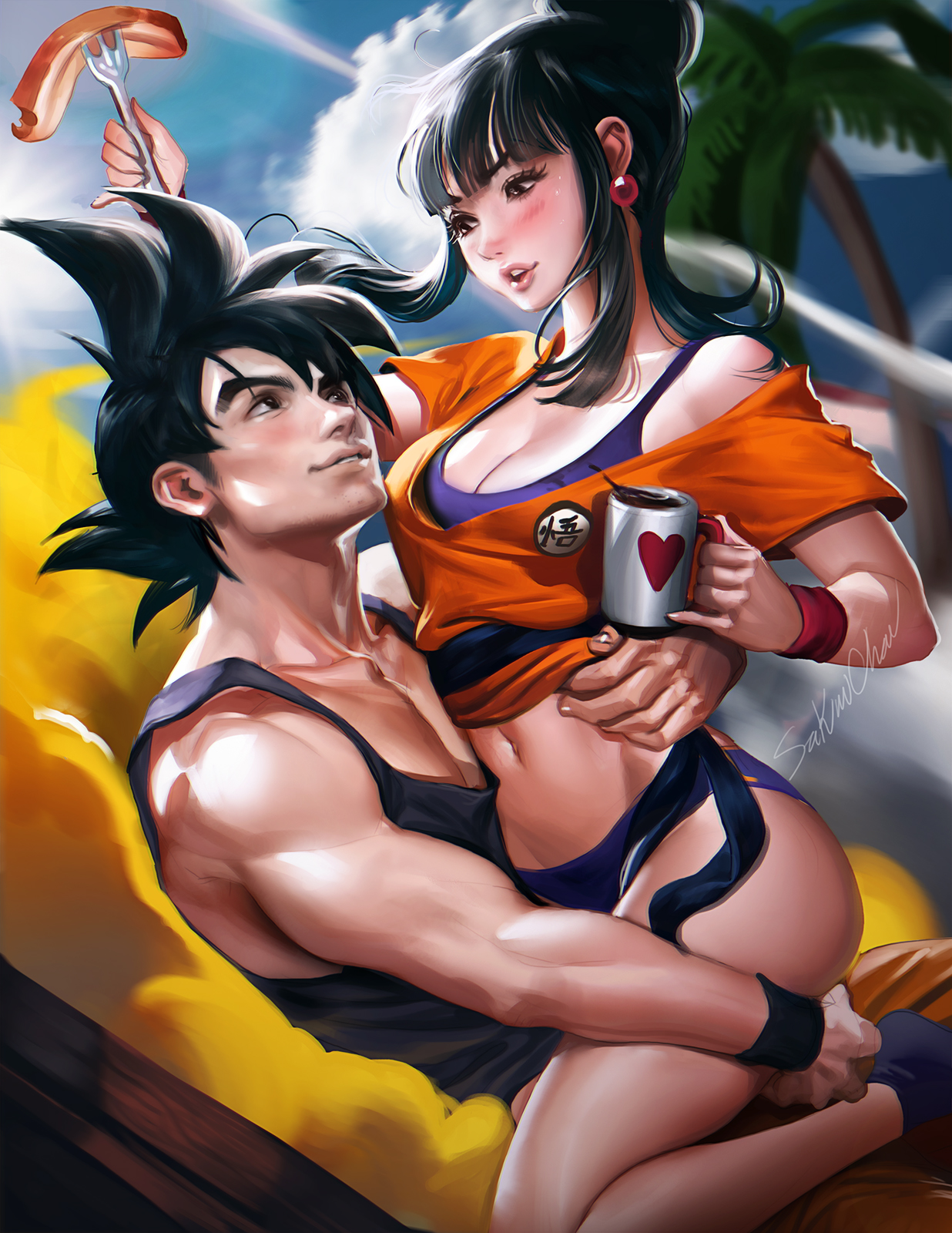 black hair, blush, bra, chichi, cleavage, cup, dragon ball, dragon ball z, earrings, female, food, hair bun, male, outdoors, panties, sakimichan, sitting, son goku, t-shirt