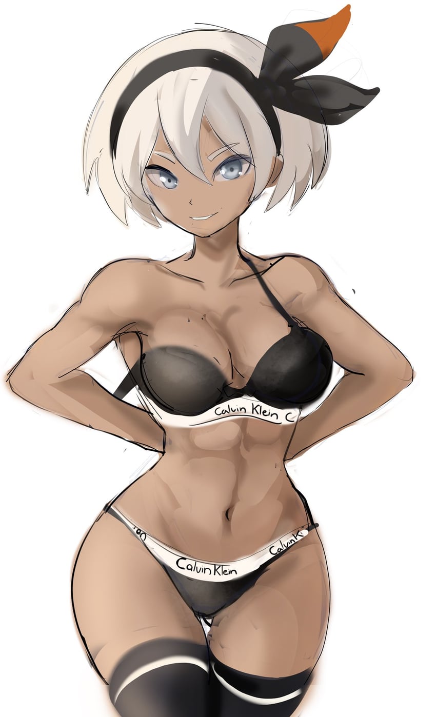 bea_(pokemon) calvin_klein cleavage large_breasts navel pokemon rakeemspoon stockings underwear wide_hips