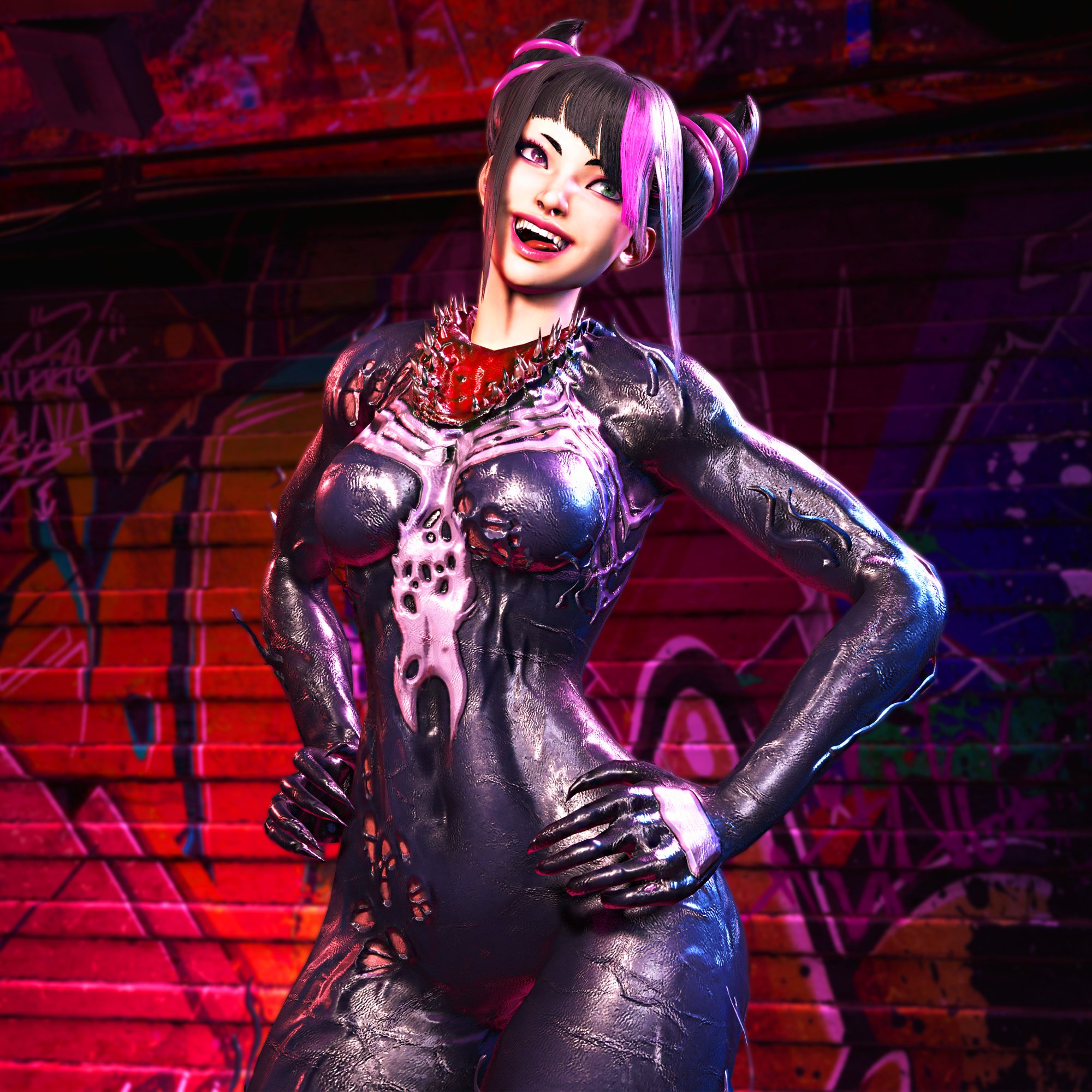 1girls, 2024, 3d, black hair, female, female only, juri han, marvel, marvel comics, mighty2noob, solo, spider-man (series), street fighter, street fighter 6, symbiote, venom (cosplay), video games