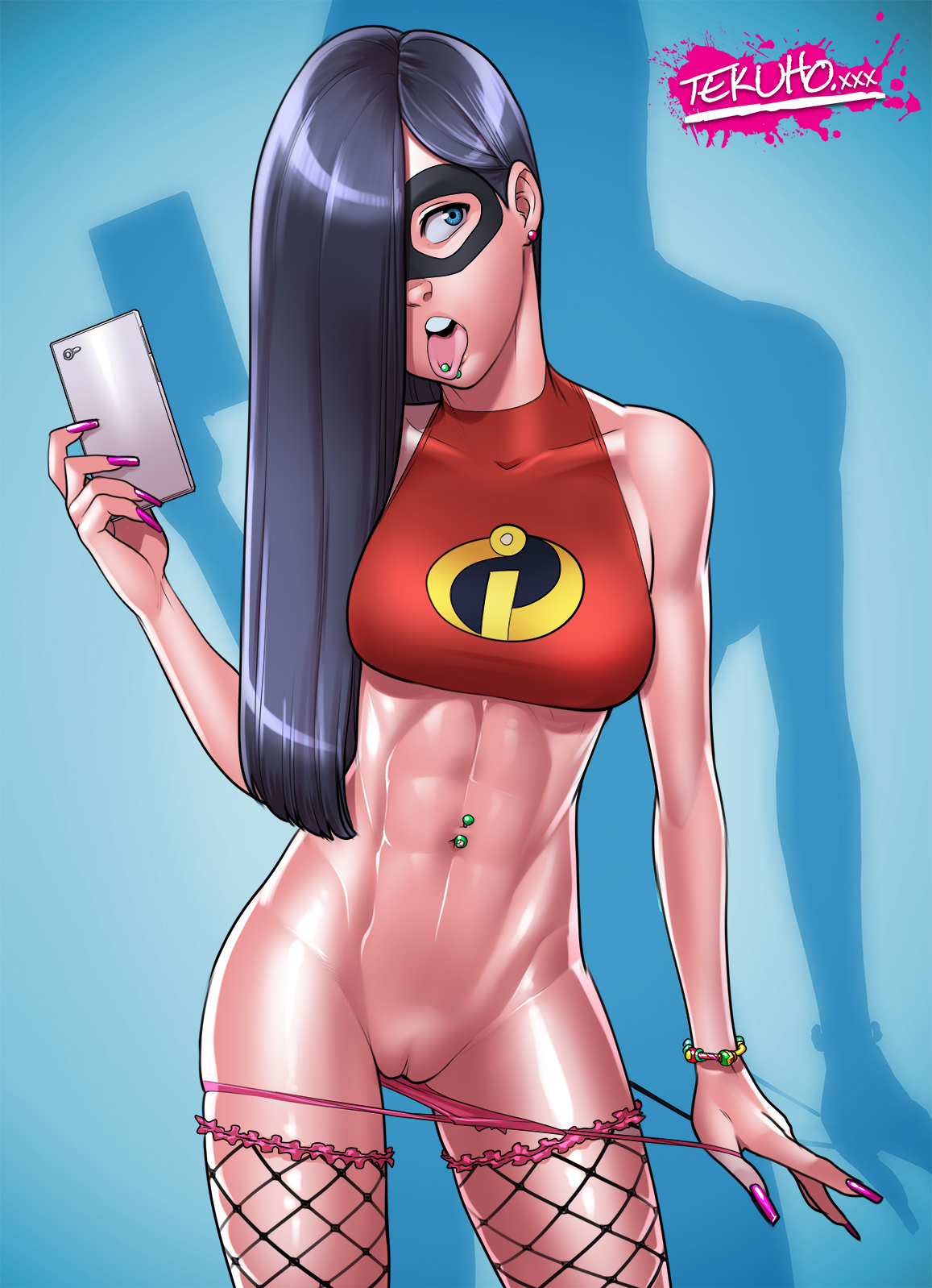 1girls, abs, black hair, blue eyes, bracelet, breasts, cellphone, crop top, dark hair, disney, ear piercing, earrings, female, fishnet stockings, fishnets, hair over one eye, highres, hourglass figure, jewelry, long nails, nail polish, navel piercing, panties, panty pull, partially clothed, pixar, pussy, shaved pussy, smartphone, solo, straight hair, teenager, tekuho, the incredibles, thighhighs, tongue piercing, vagina, very long hair, violet parr