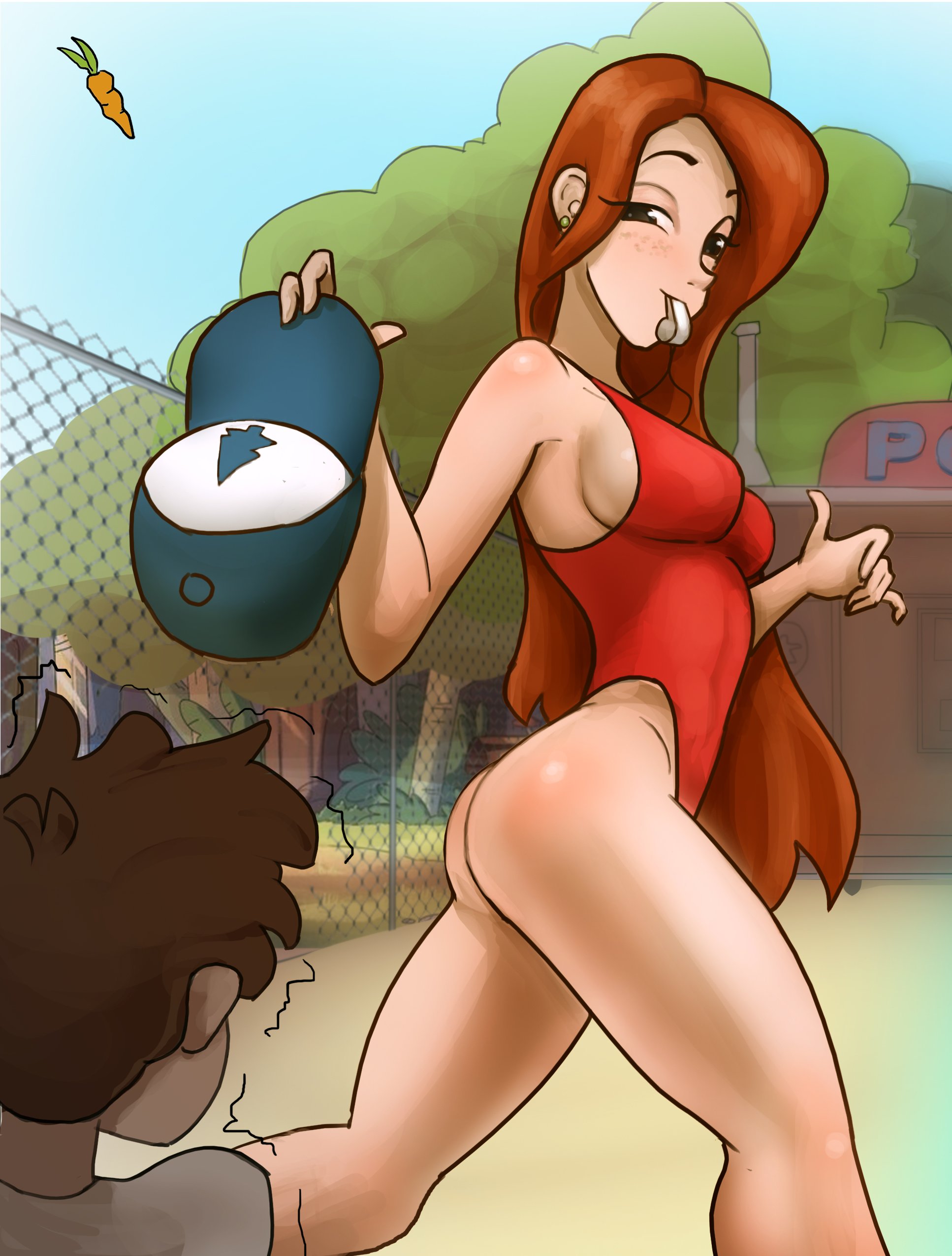 1boy, 1girl, 1girls, 2026, 2d, breasts, butt, chiotosaurio, dipper pines, disney, female, gravity falls, hat, human, lifeguard, lifeguard swimsuit, male, red hair, red one-piece swimsuit, red swimsuit, stolen hat, swimsuit, tagme, wendy corduroy, whistle, whistle (object), whistle in mouth