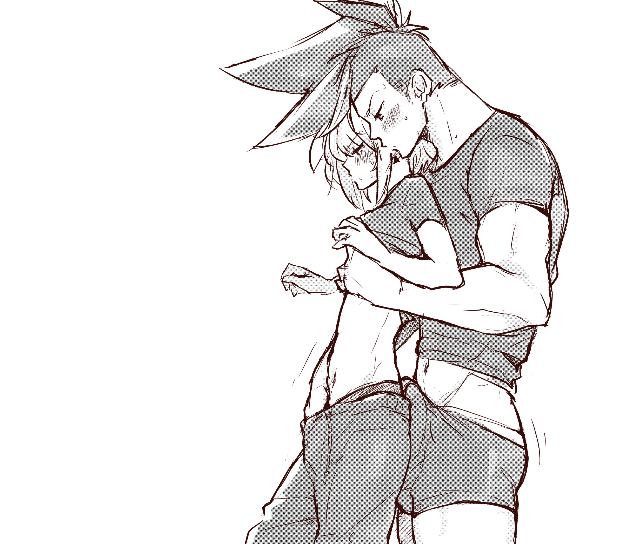 2boys, androgynous, aus vaka, black and white, bulge, clothing, femboy, galo thymos, gay, gay sex, lio fotia, male, monochrome, promare, size difference, skinny, skinny male, twink, yaoi