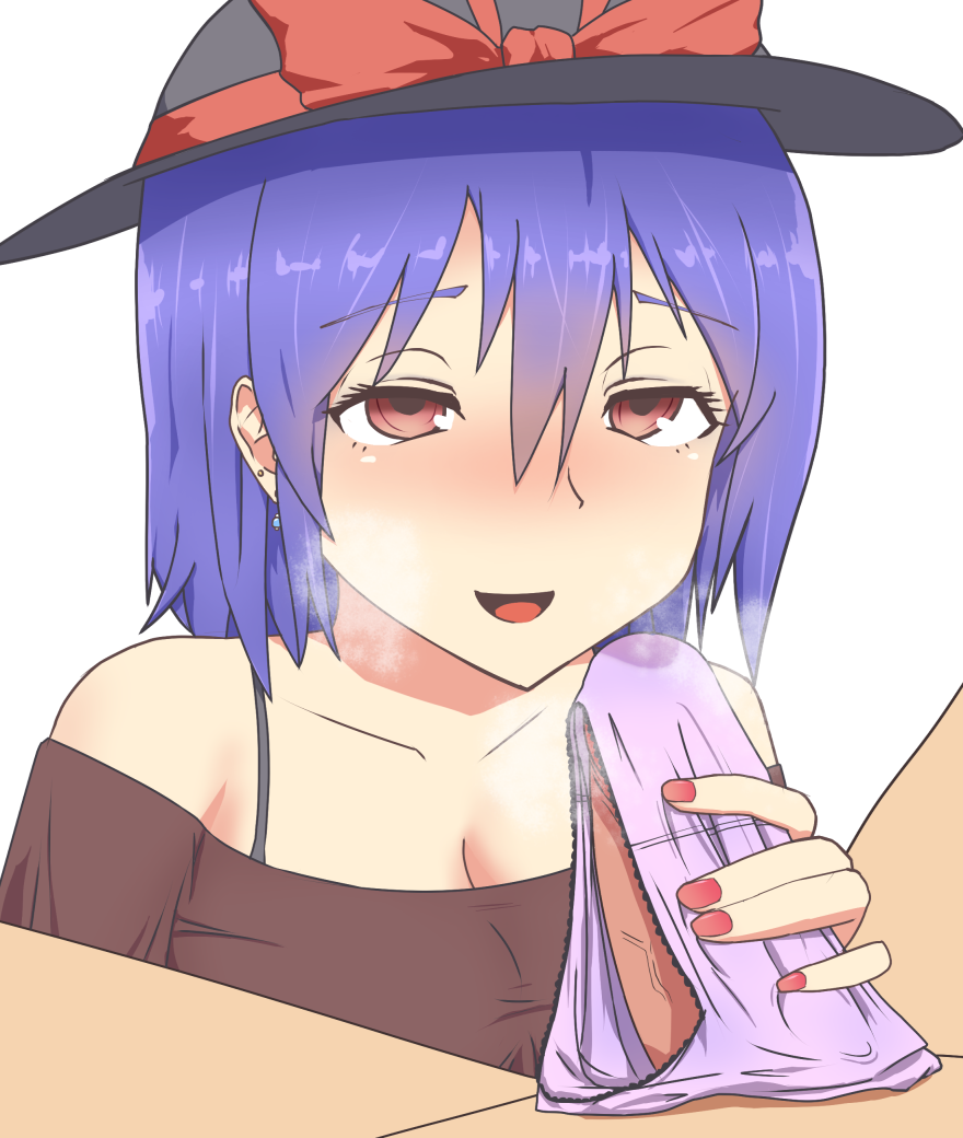 1boy bare_shoulders blue_hair blush bow breath clothed_female_nude_male earrings female hat hat_bow iku_nagae jewelry nail_polish open_mouth panties pantyjob penis red_eyes red_nails short_hair smile solo_focus touhou underwear zakku_(kya--193)