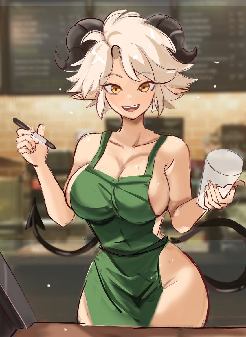 apron cleavage coffee devil_tail hips horns large_breasts rakeemspoon short_hair sideboob starbucks susan_(rakeemspoon)