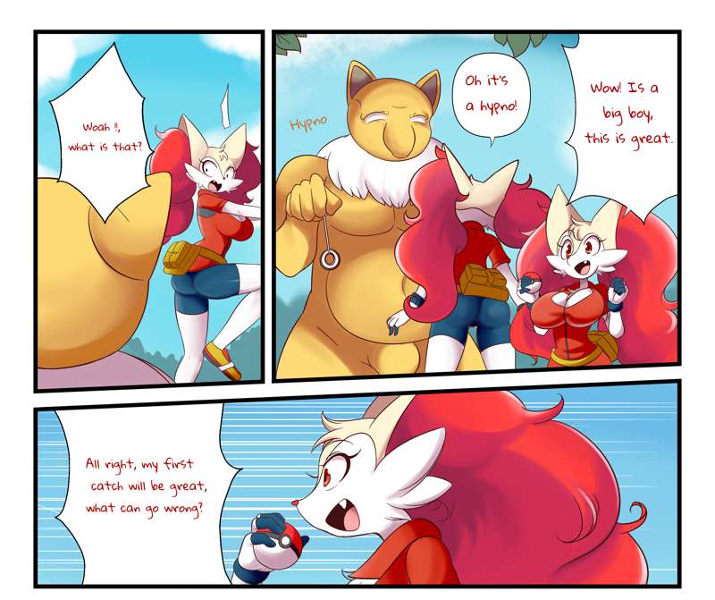 braixen bray_(lucyfercomic) bulge comic furry furry_female hypno imminent_rape lucyfercomic may_(pokemon)_(cosplay) pokeball pokemon pokemon_(species) speech_bubble