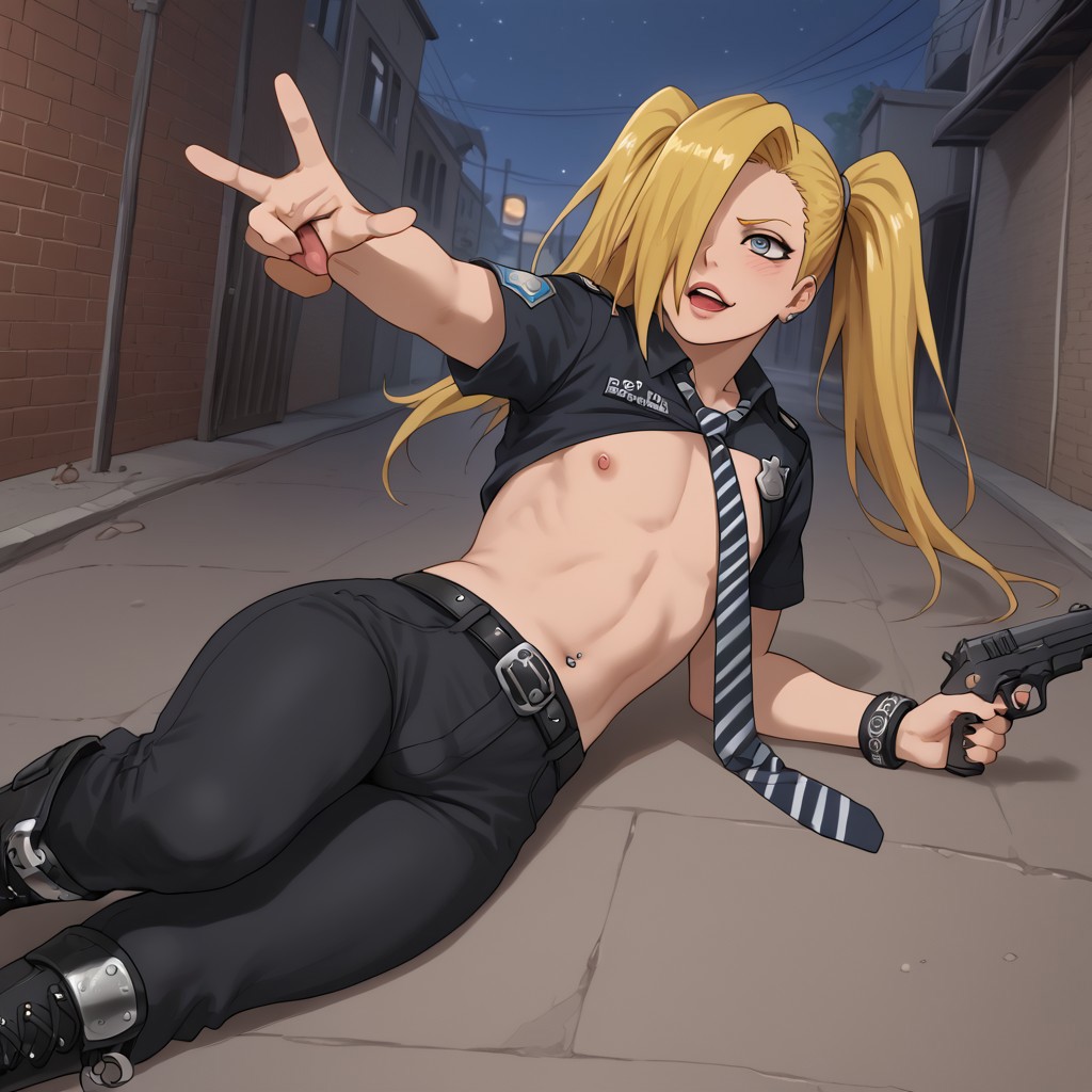 1boy ai_generated back_view balls belly blonde_hair blue_eyes blush deidara femboy gun male nails_painted naruto naruto_(series) naruto_shippuden nipples police police_uniform ponytail sissy small_penis smaller_male street text tongue tongue_out twintails yaoi