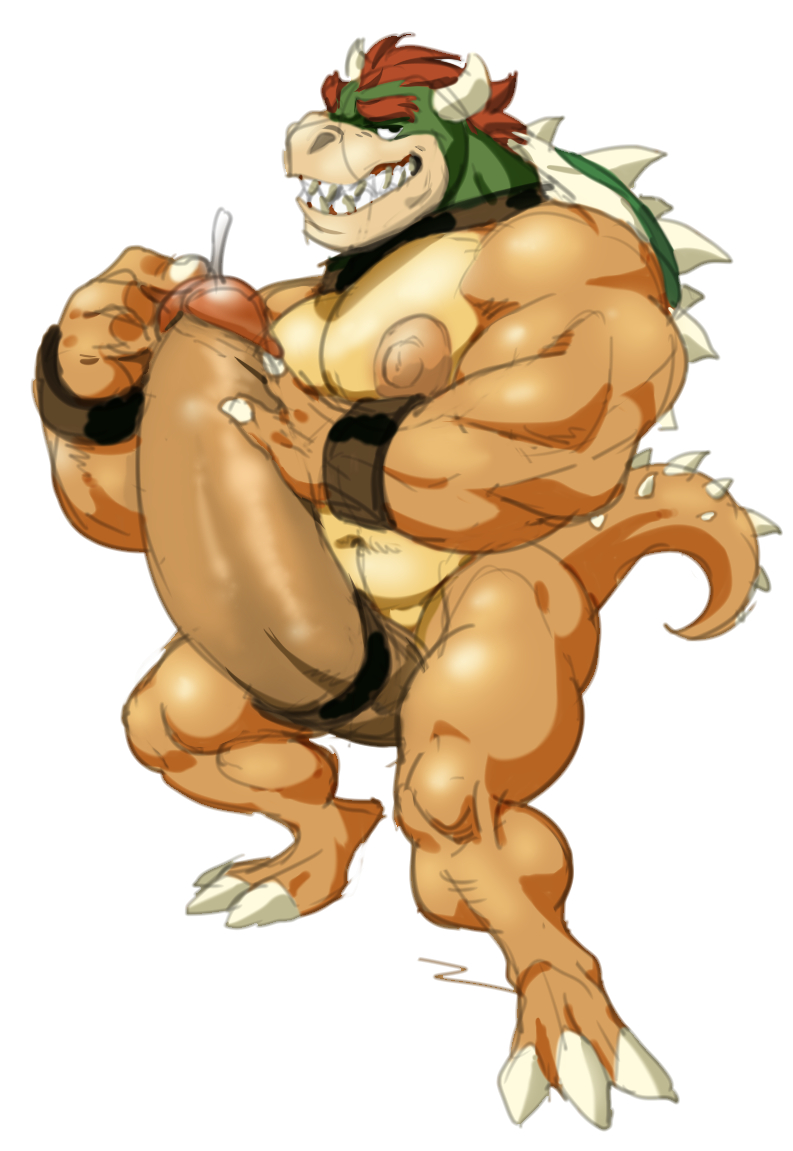 anthro balls bowser cock_ring full-length_portrait full_length hyper_penis koopa male male_only mario_(series) masturbation muscles penis portrait precum scalie simple_background solo standing toomanyboners white_background