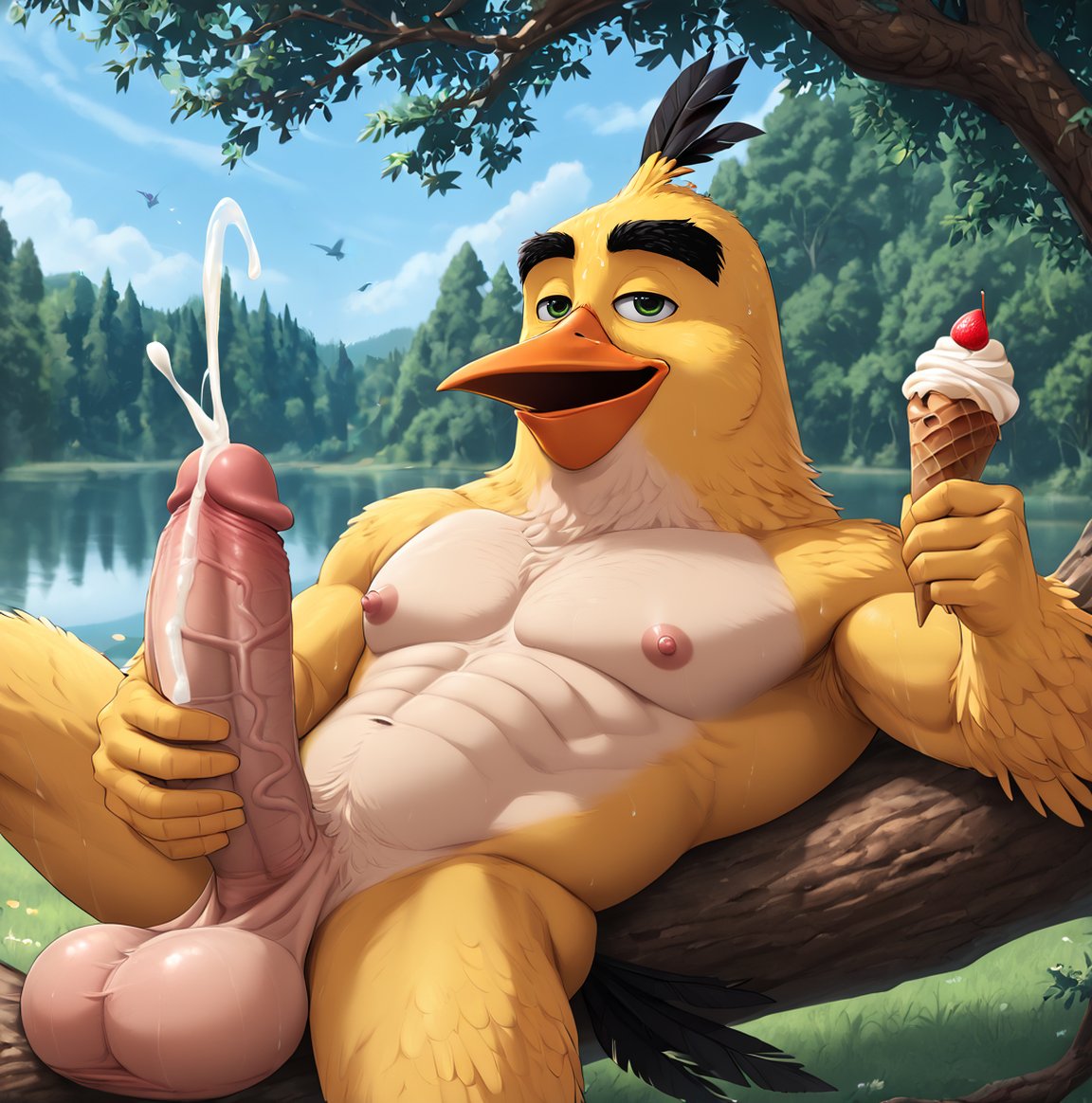 1boy 1male ai_generated angry_birds anthro balls big_balls big_muscles big_nipples big_penis big_testicles bird booster_rex chuck_(angry_birds) cum cumming cumshot daddy erect_penis erection forest furry furry_male gay green_eyes holding_ice_cream huge_balls huge_cock huge_muscles huge_nipples huge_testicles ice_cream looking_at_viewer male male_only masturbating masturbation muscles muscular muscular_anthro muscular_male nipples penis testicles thick_eyebrows tree two_tone_body white_belly white_feathers yellow_body yellow_feathers yellow_skin