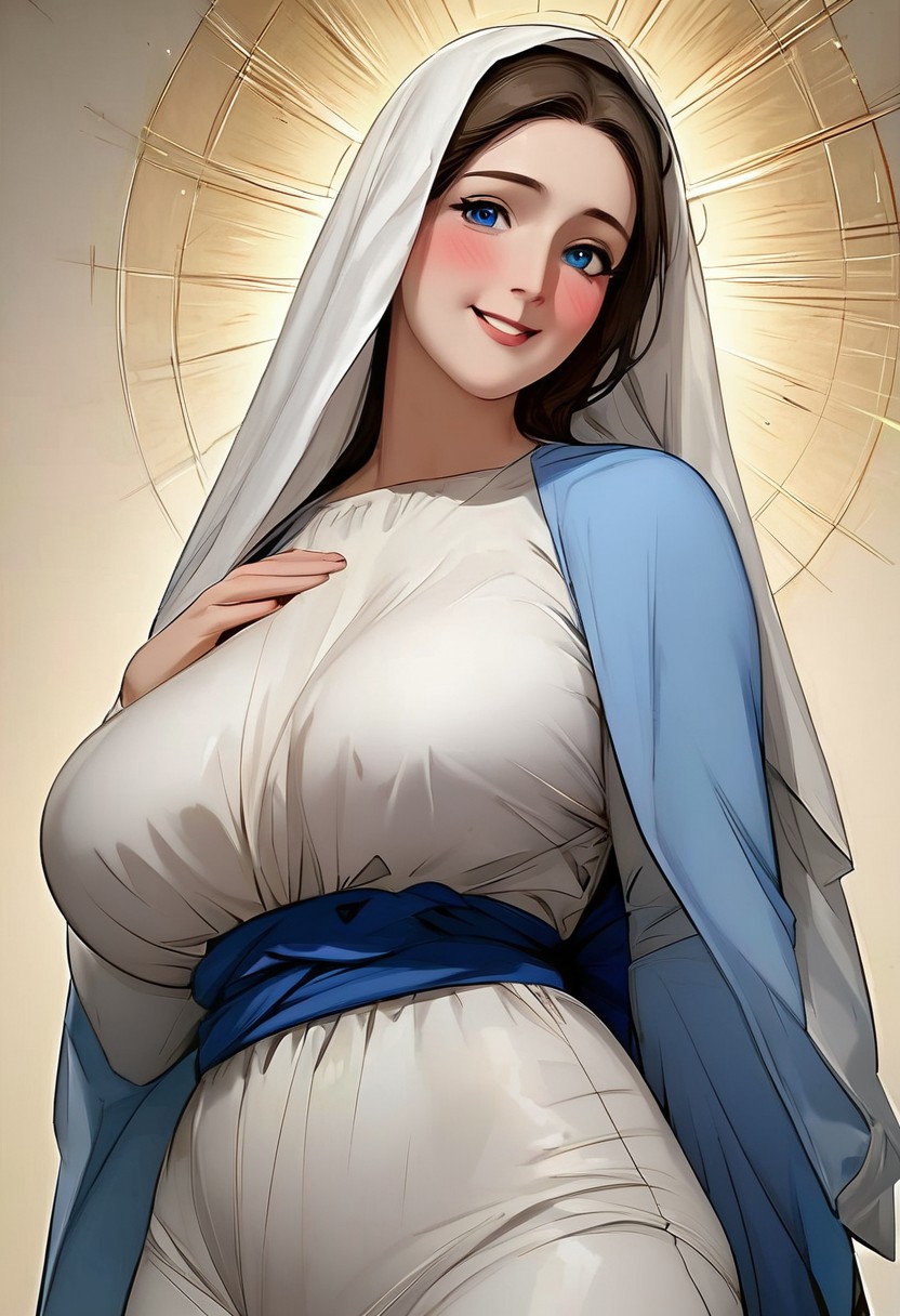 ai_generated big_breasts blue_eyes brown_hair catholic clothed curvaceous curvy curvy_female curvy_figure divine_slut fully_clothed hand_on_breasts holy huge_breasts large_breasts massive_breasts mature_female milf nun pprnification religion religious_clothing sash solo solo_female solo_focus taboo thick virgin_mary white_veil