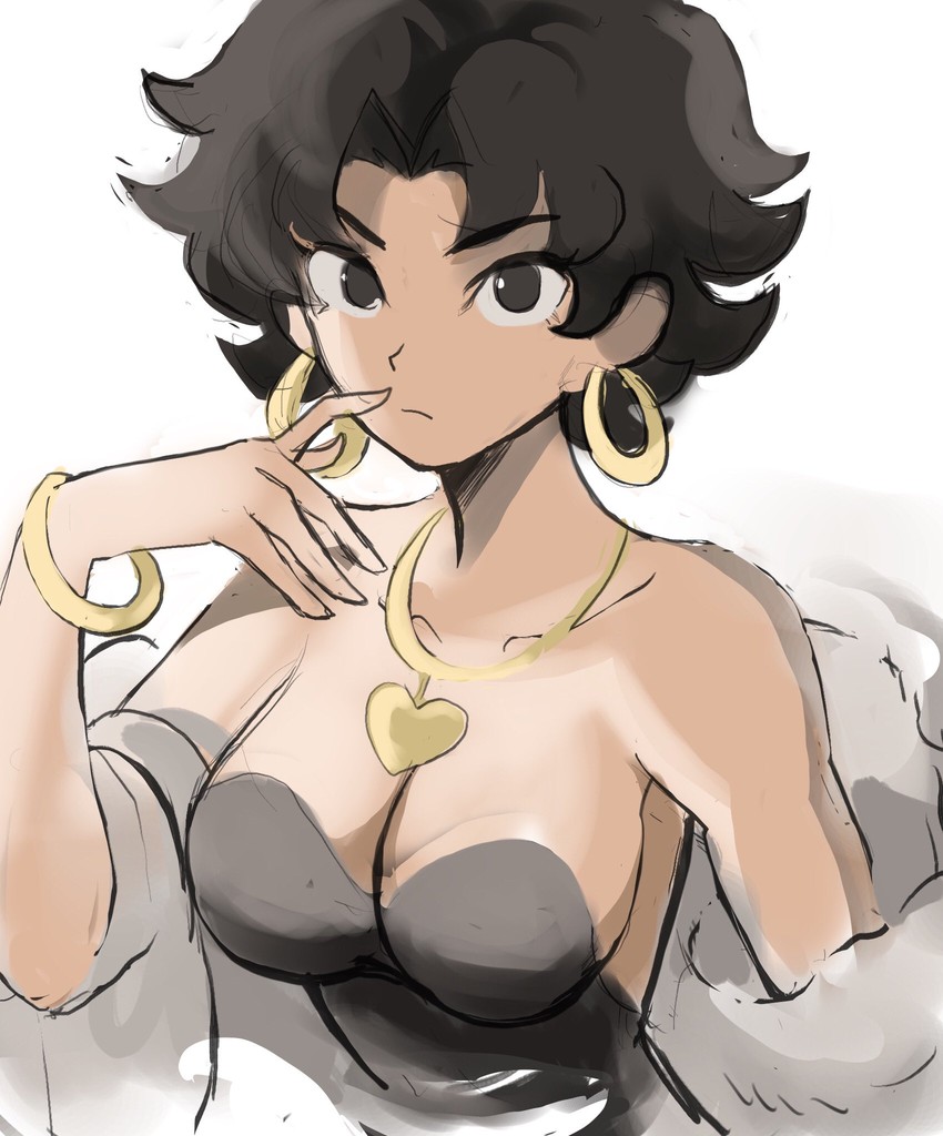 anime_style bangle betty_boop black_dress cleavage hoop_earrings large_breasts necklace rakeemspoon