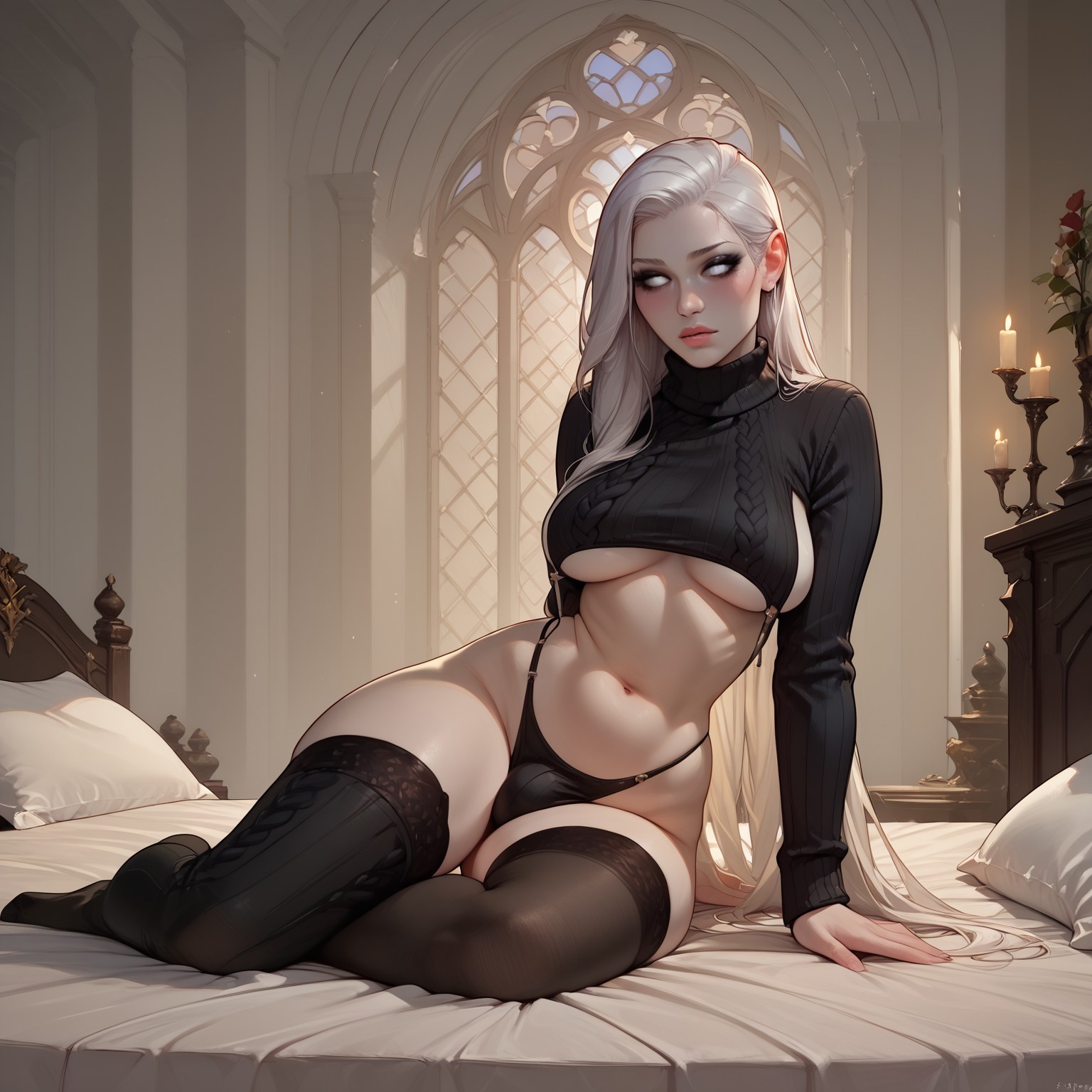 1futa, ai generated, bed, bedroom, blindparty, civitai, futanari, intersex, lingerie, penis, solo, stockings, white eyes, white hair